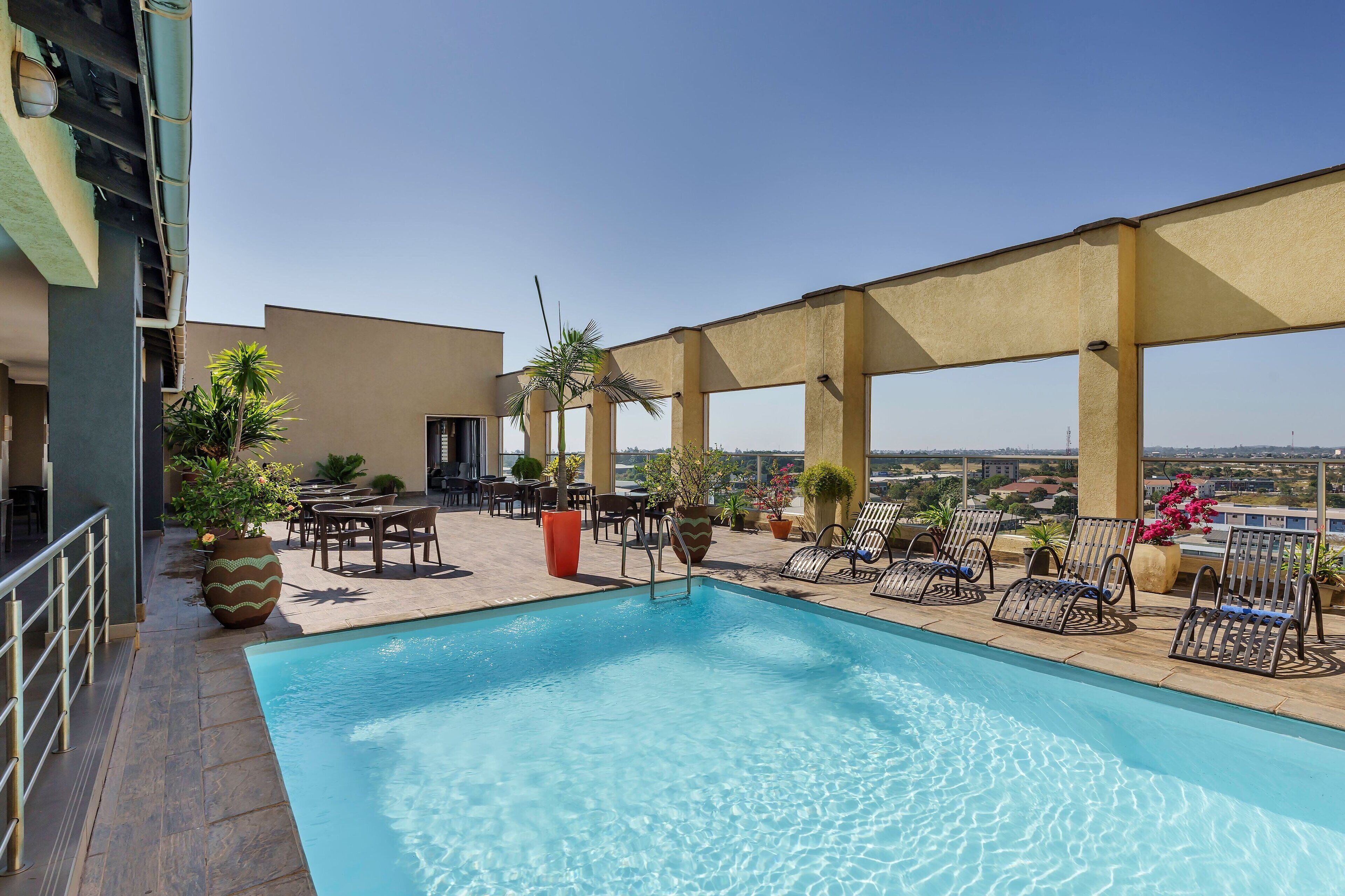 outdoor pool, pool loungers