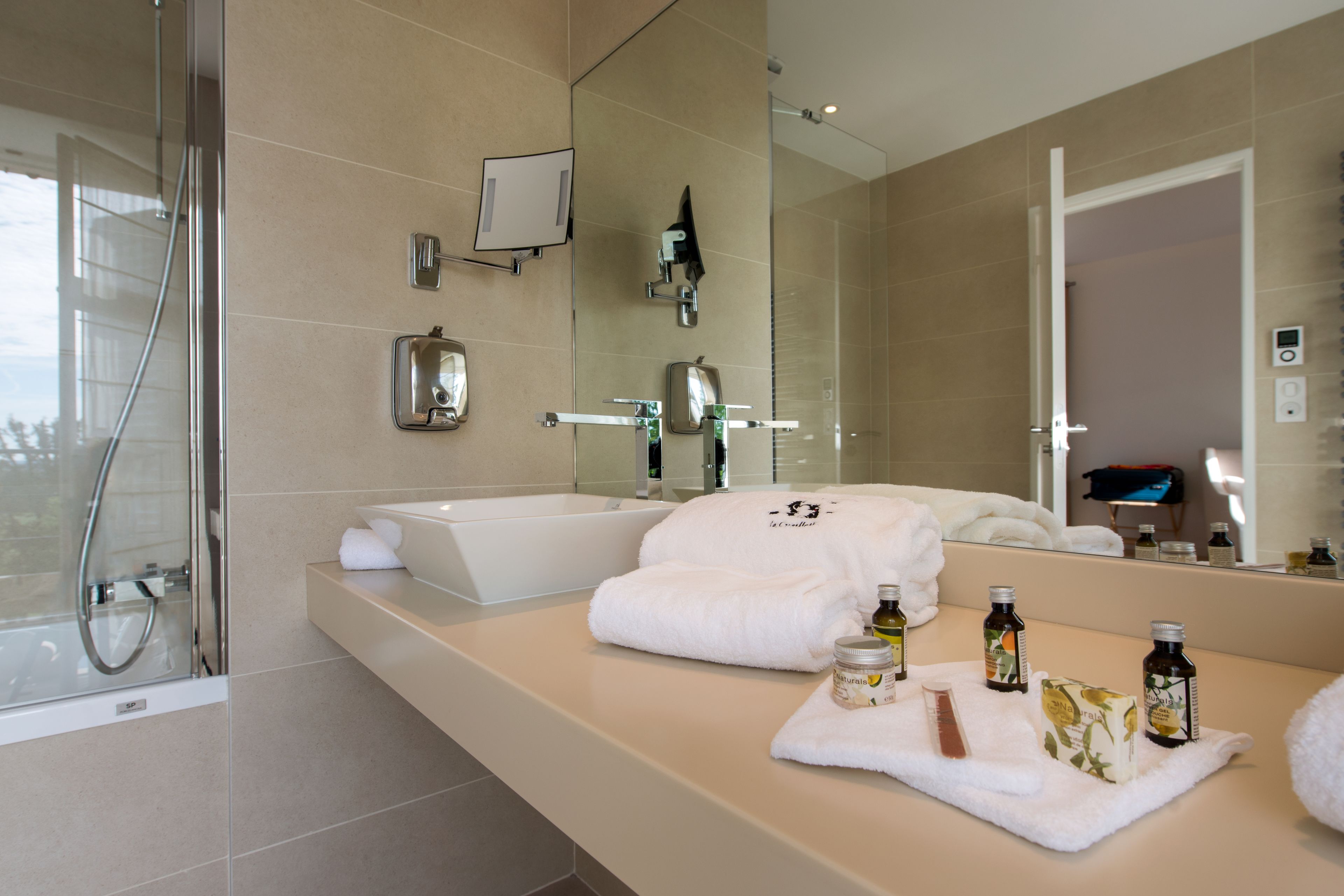 free toiletries, hair dryer, bathrobes, towels