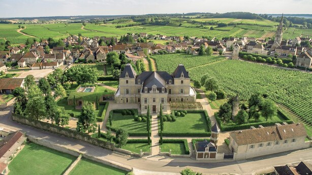 A large, historic building surrounded by well-maintained gardens and vineyards.