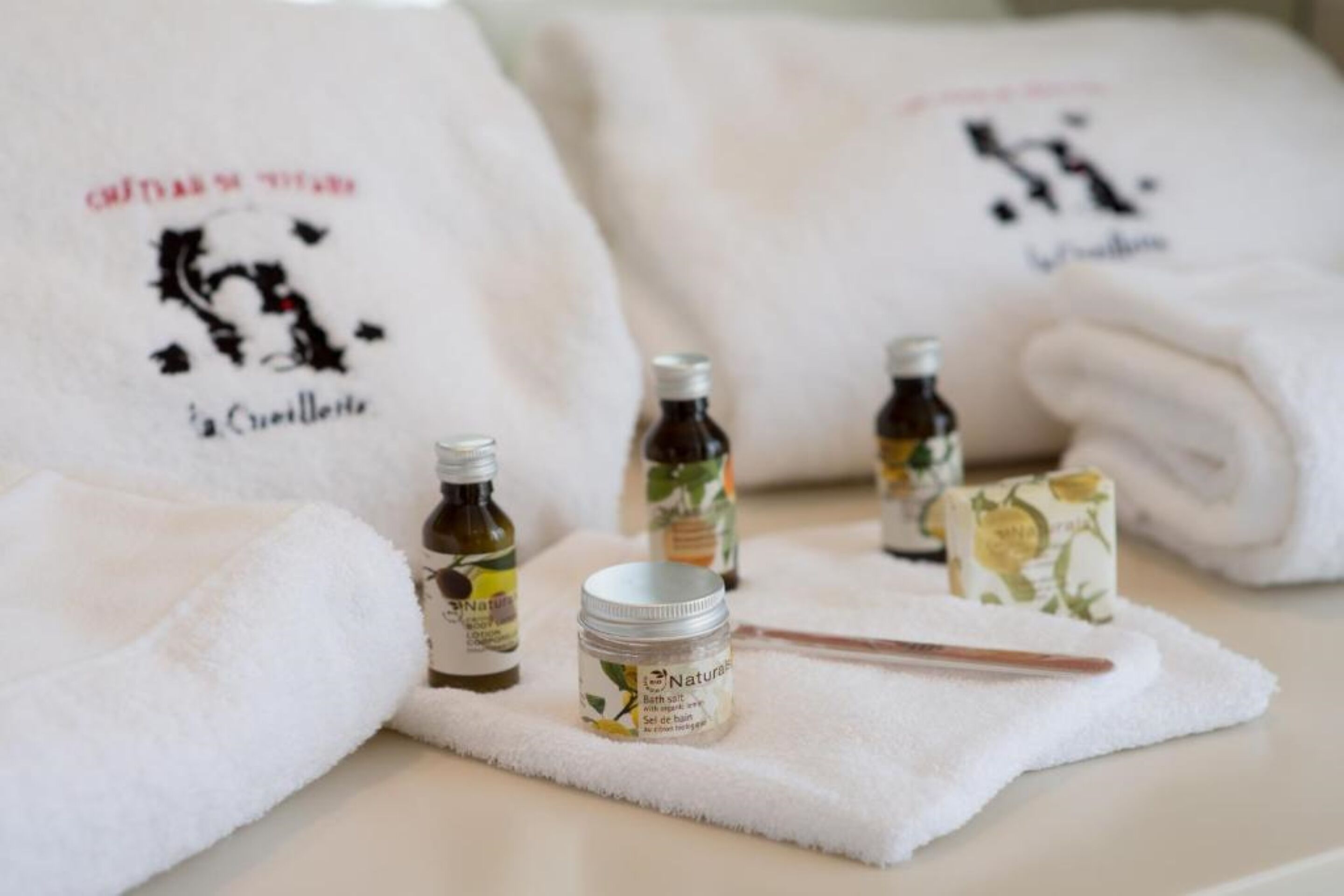 free toiletries, hair dryer, bathrobes, towels