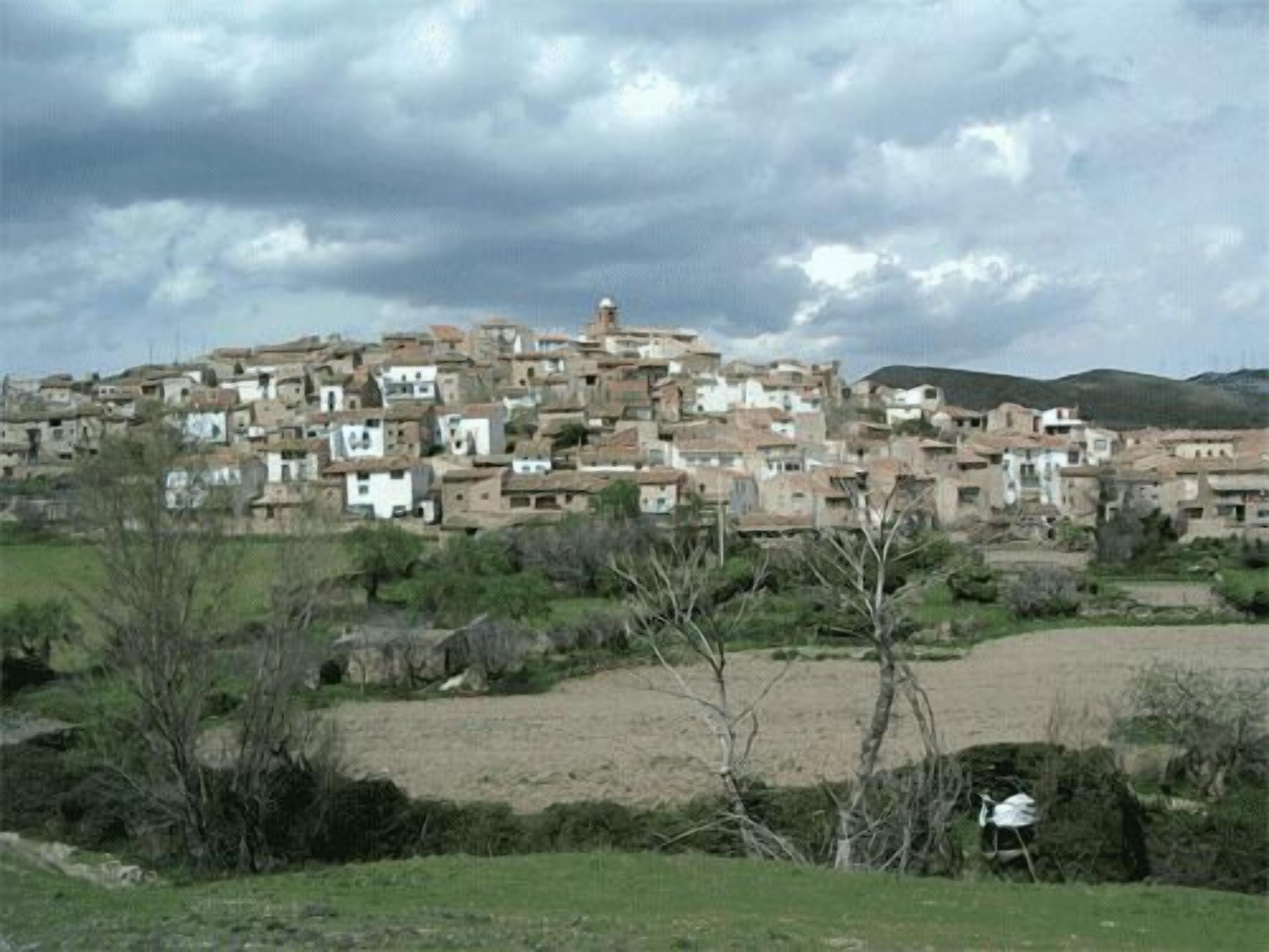 Un pueblo en una ladera densamente poblado, con arquitectura tradicional, rodeado de vegetación y un cielo nublado.