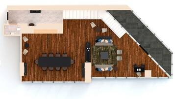Plano de planta de una habitación de hotel con piso de madera, una zona de comedor con mesa y sillas, un pequeño espacio para cocina y un baño.