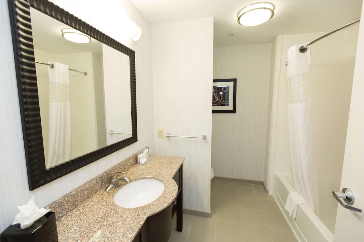 A bathroom with a sink, mirror, and shower.