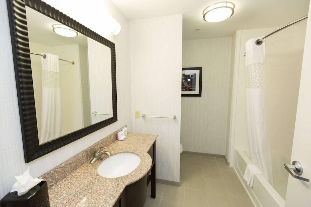 A hotel bathroom with a sink, mirror, and shower.