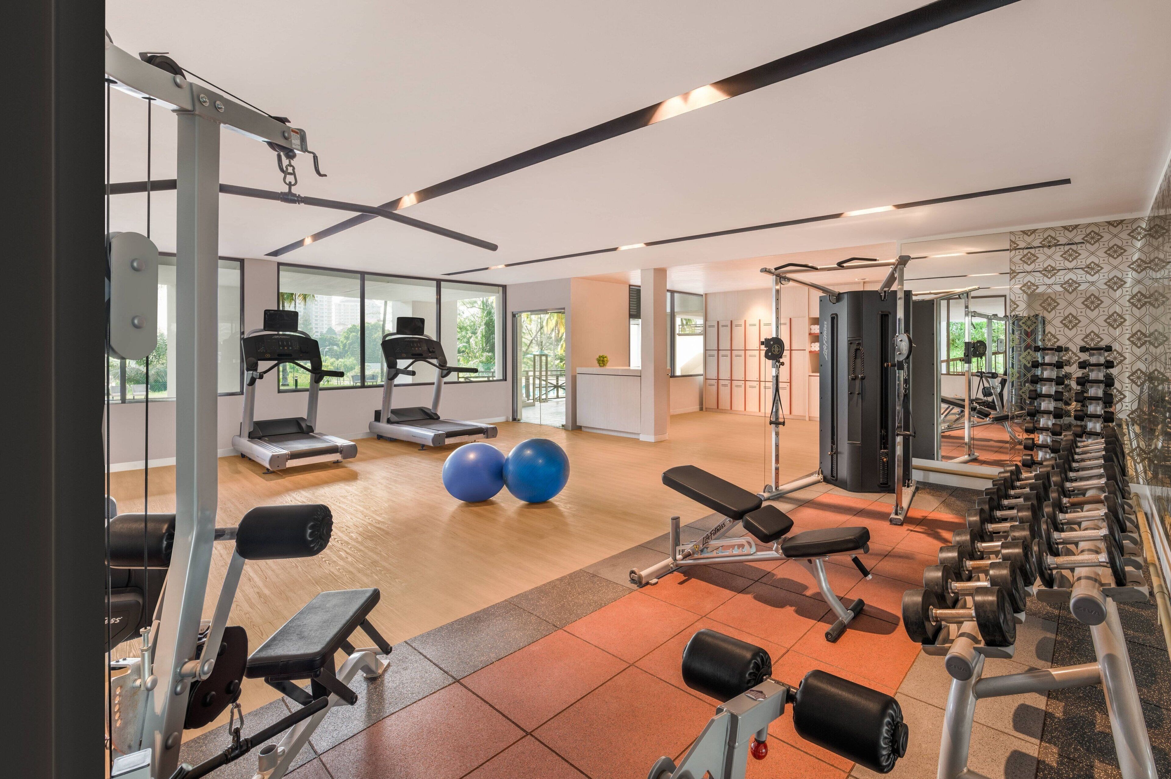 A gym with cardio equipment, weightlifting stations, and exercise balls.