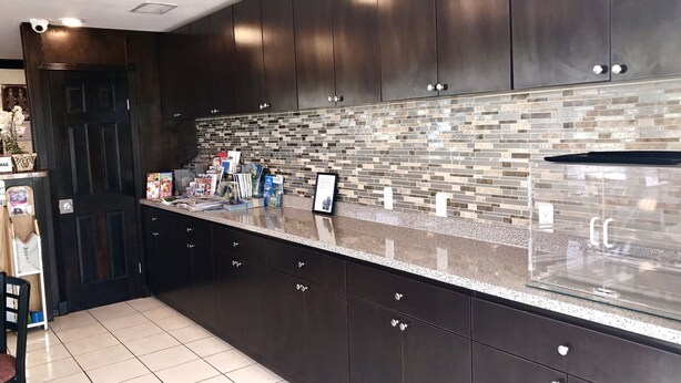 A modern kitchen with dark cabinetry, a tiled backsplash, and a countertop with various items. - Budget Host Inn (Florida City)