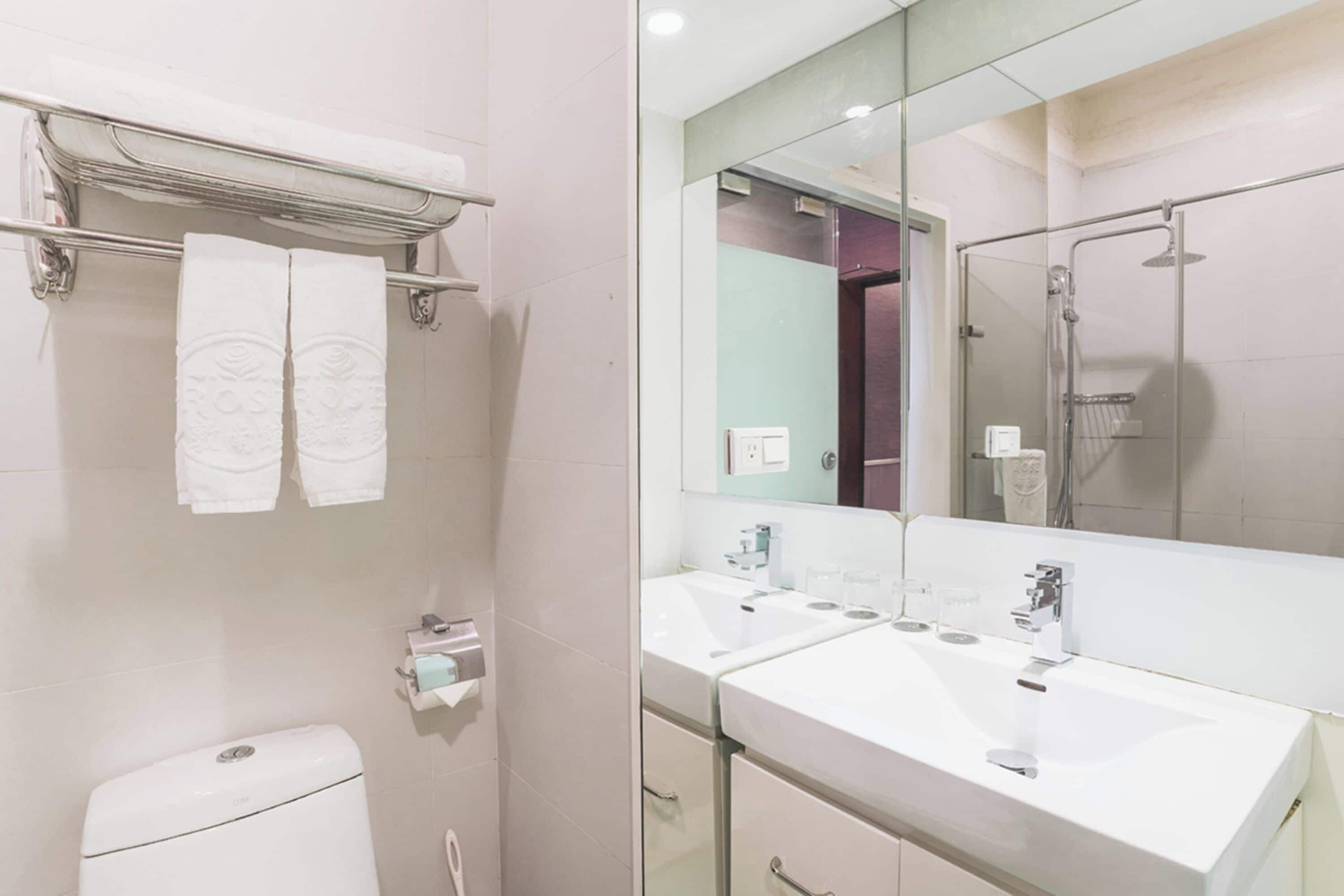 A bathroom with a toilet, a sink, a shower, and a mirror.
