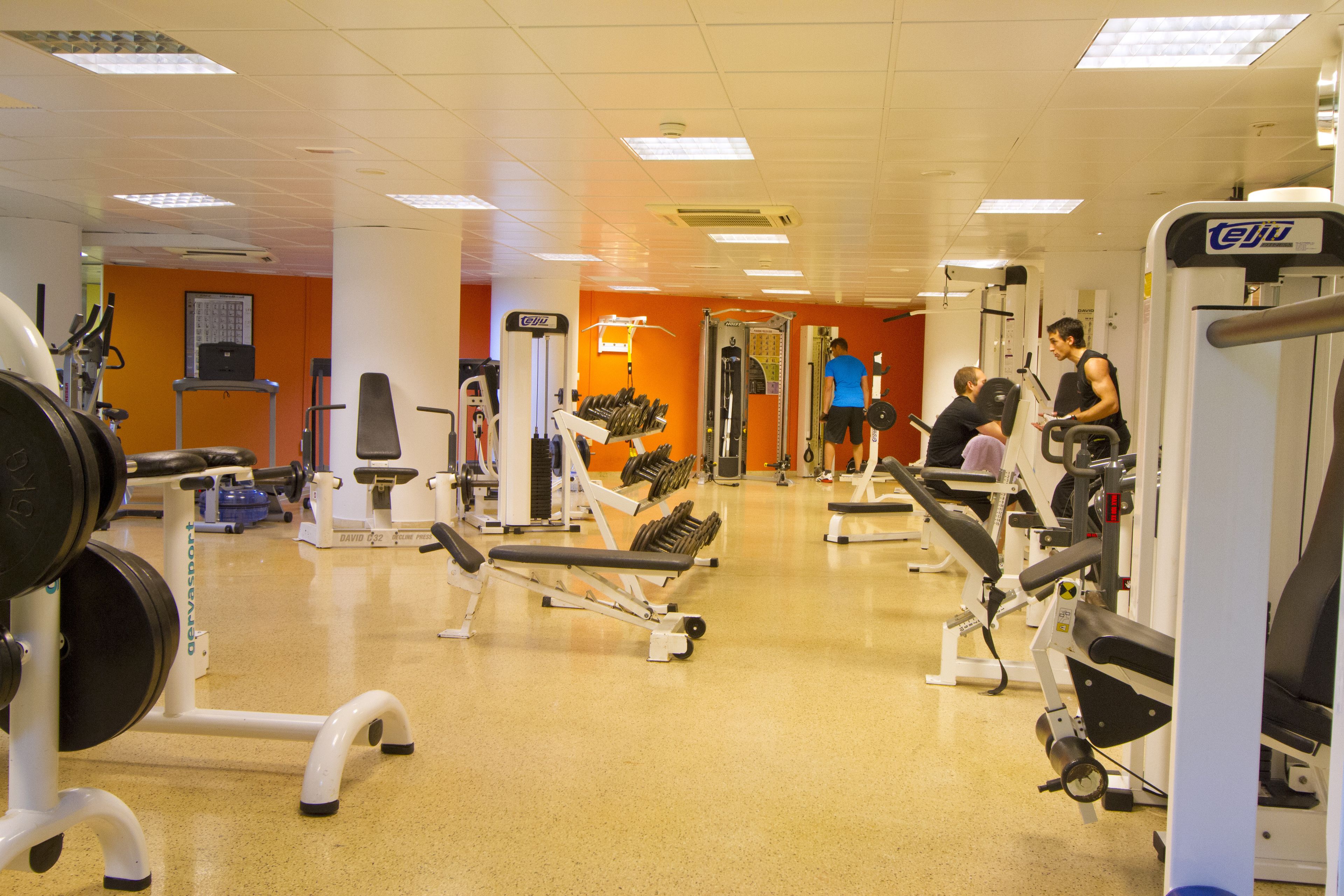 Ein Fitnessstudio mit verschiedenen Trainingsgeräten, darunter Laufbänder und Kraftgeräte.