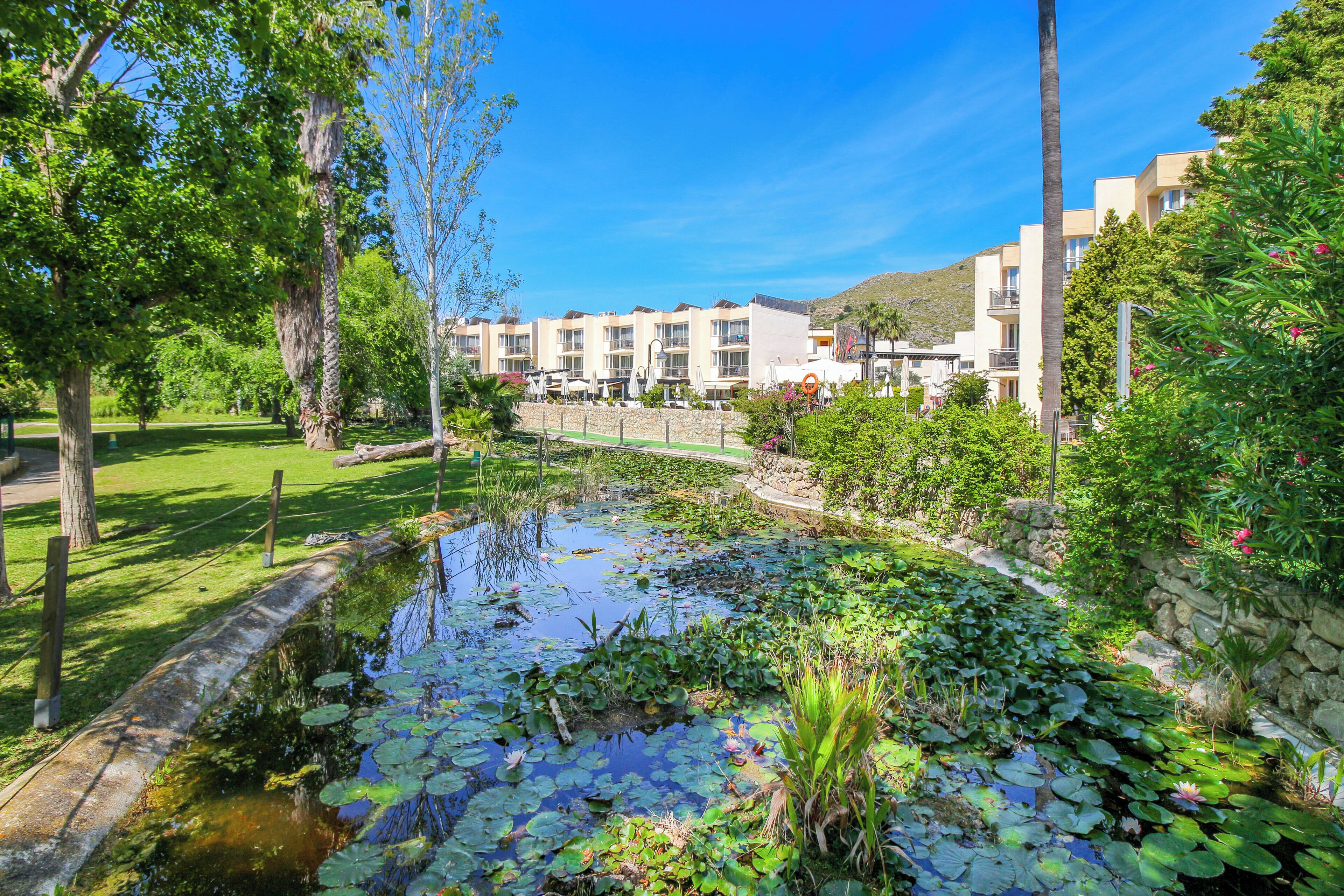 Un hotel con un estanque rodeado de exuberante vegetación y un cielo azul despejado.
