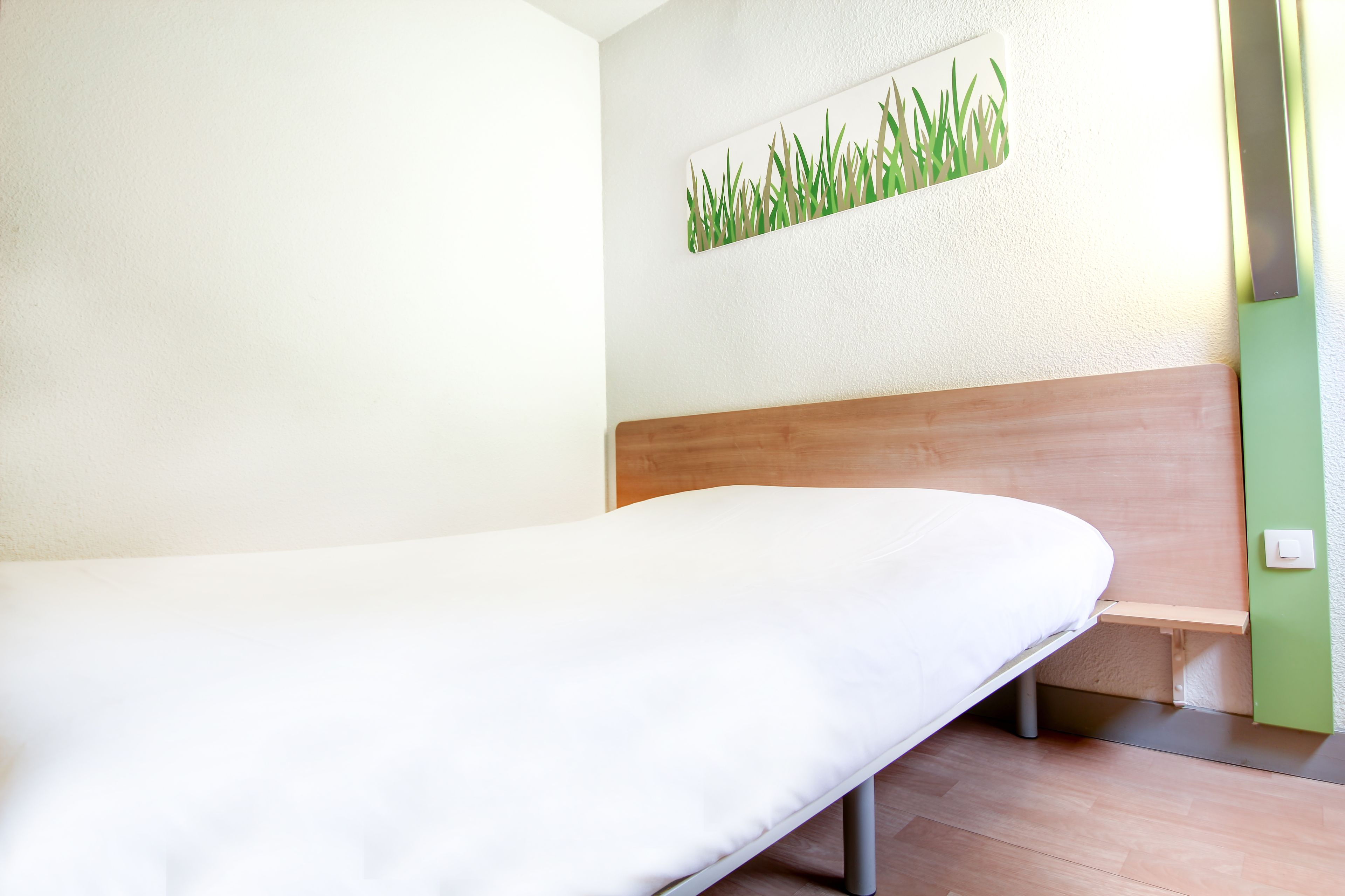 A single bed with a wooden headboard in a room with a textured white wall and a green accent wall.