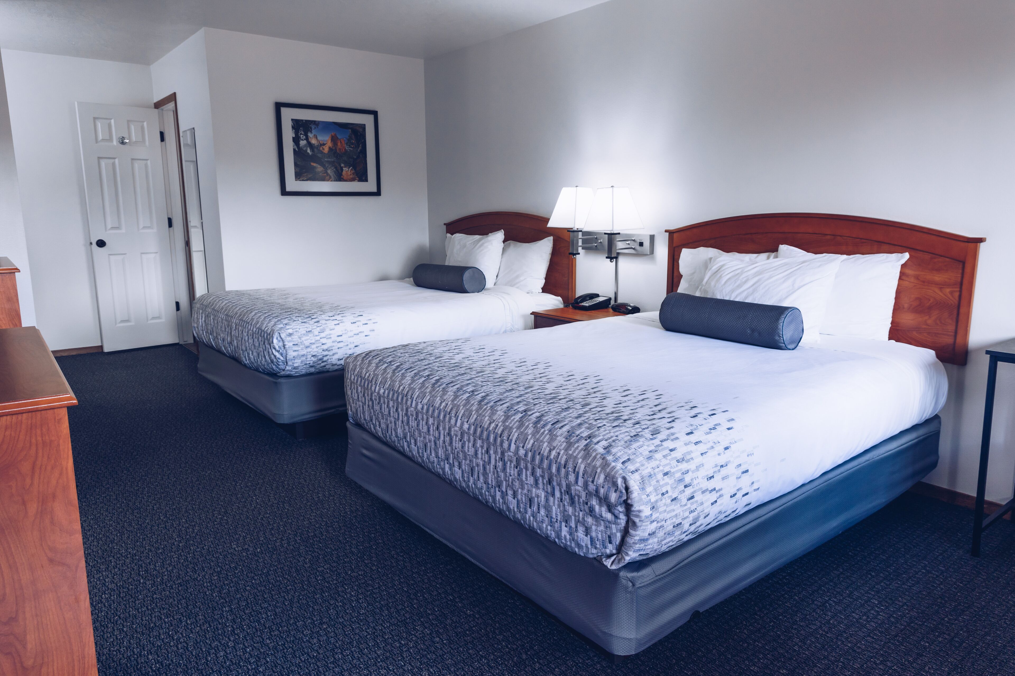 Een hotelkamer met twee bedden, een deur, een ingelijst kunstwerk aan de muur en een nachtkastje met een lamp.