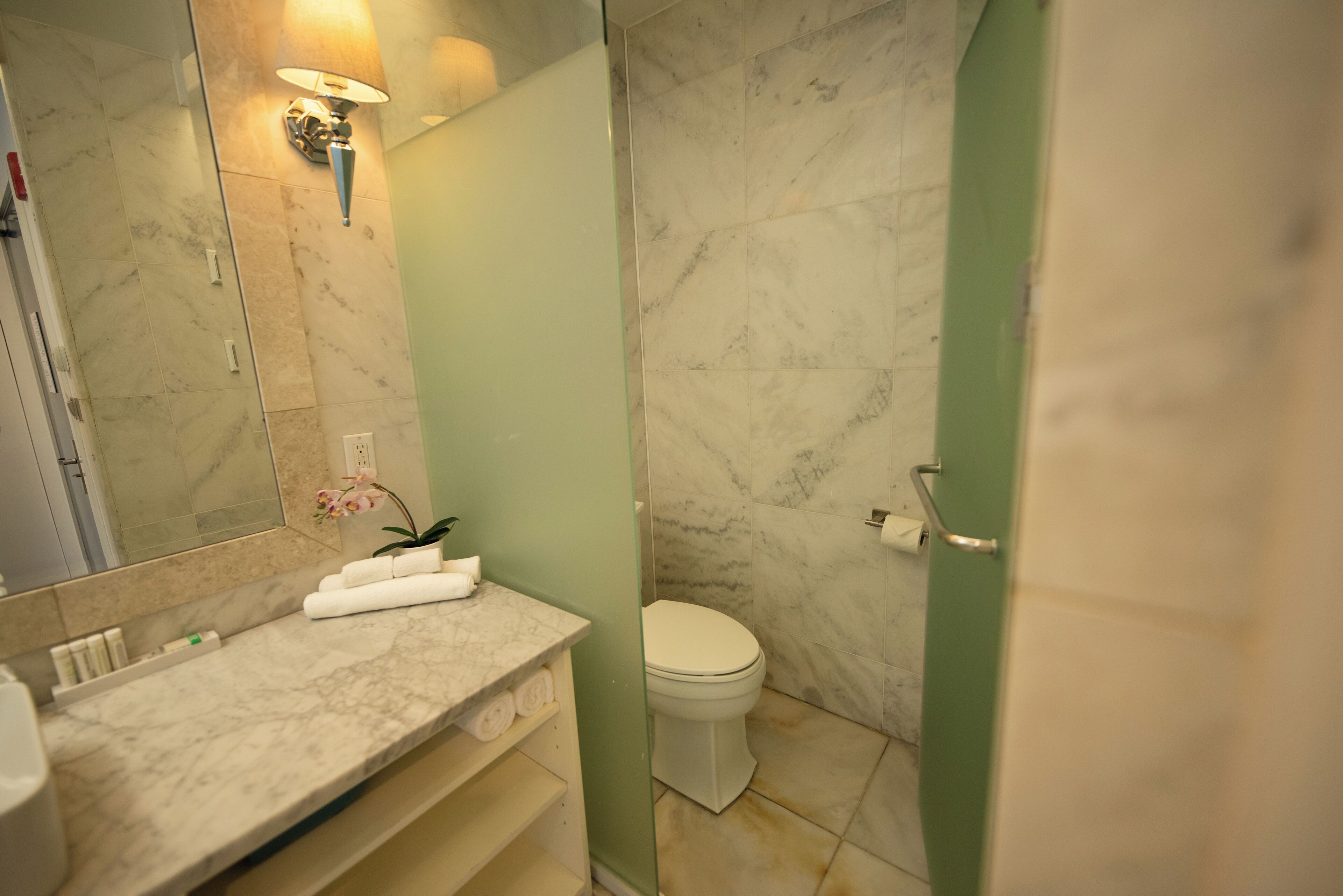 Un baño con encimera de mármol, inodoro y cabina de ducha de vidrio.