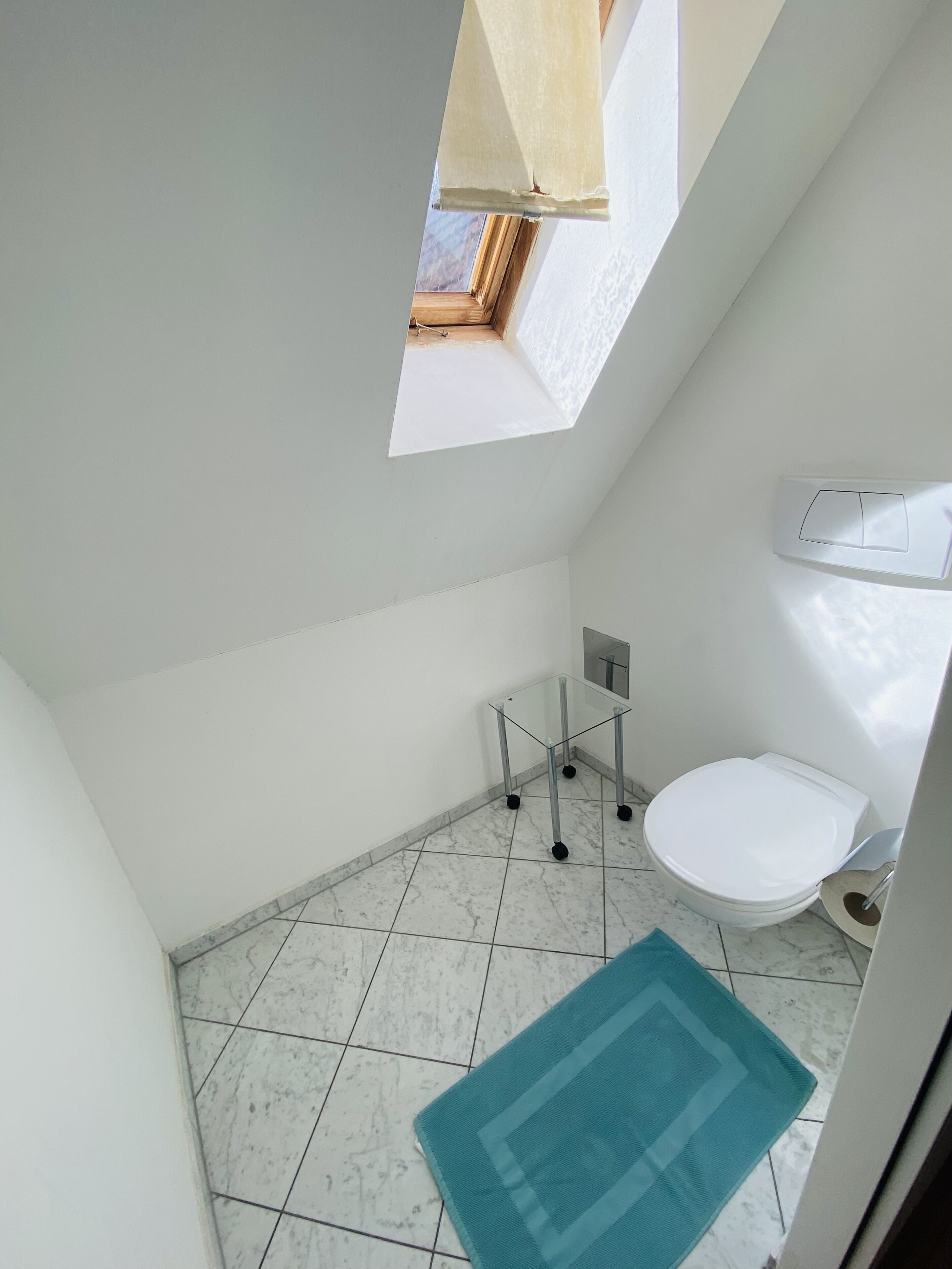 Une petite salle de bain moderne avec un puits de lumière, des toilettes, une table en verre et un tapis bleu.