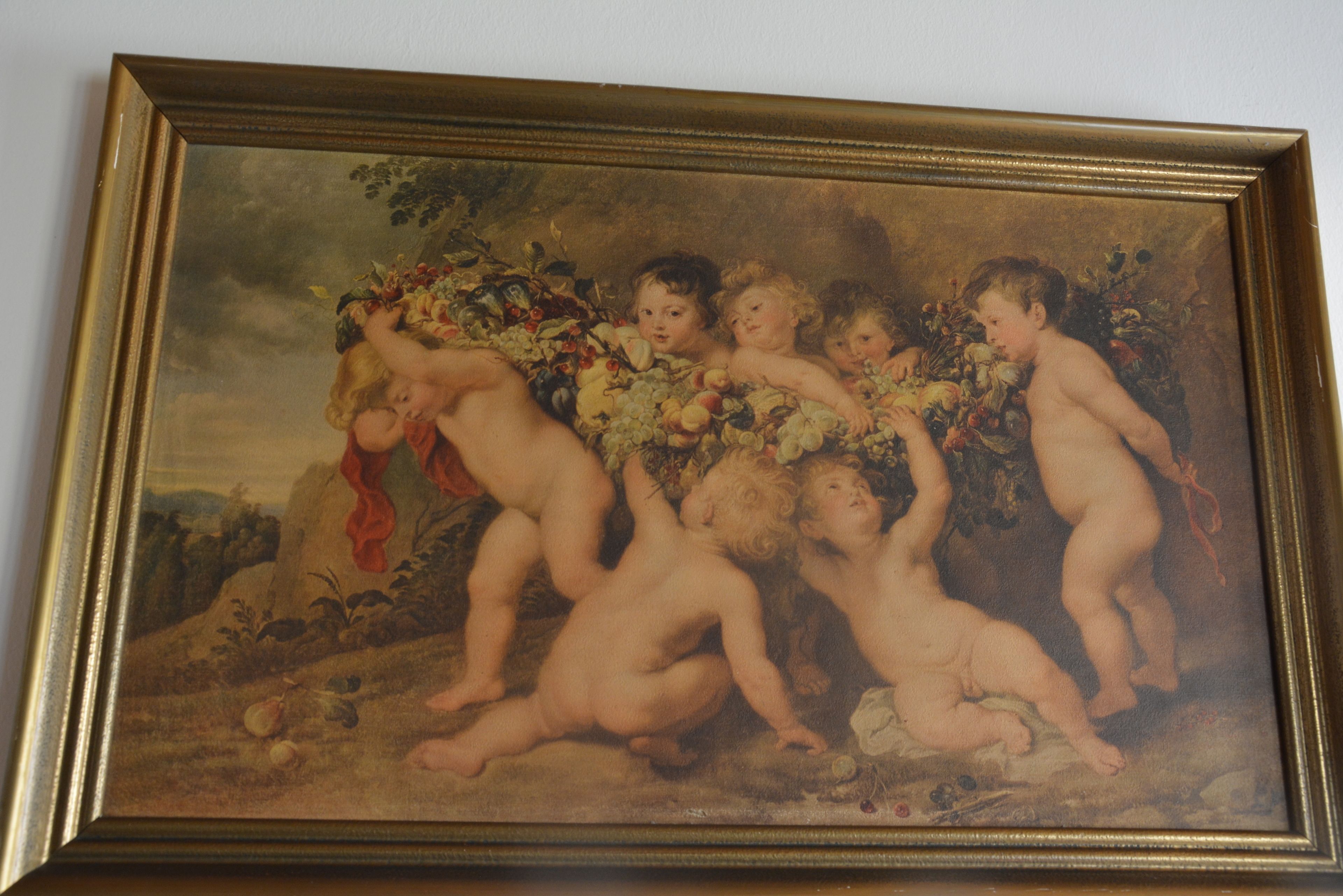 A classical painting with five figures, framed and hung on a wall.