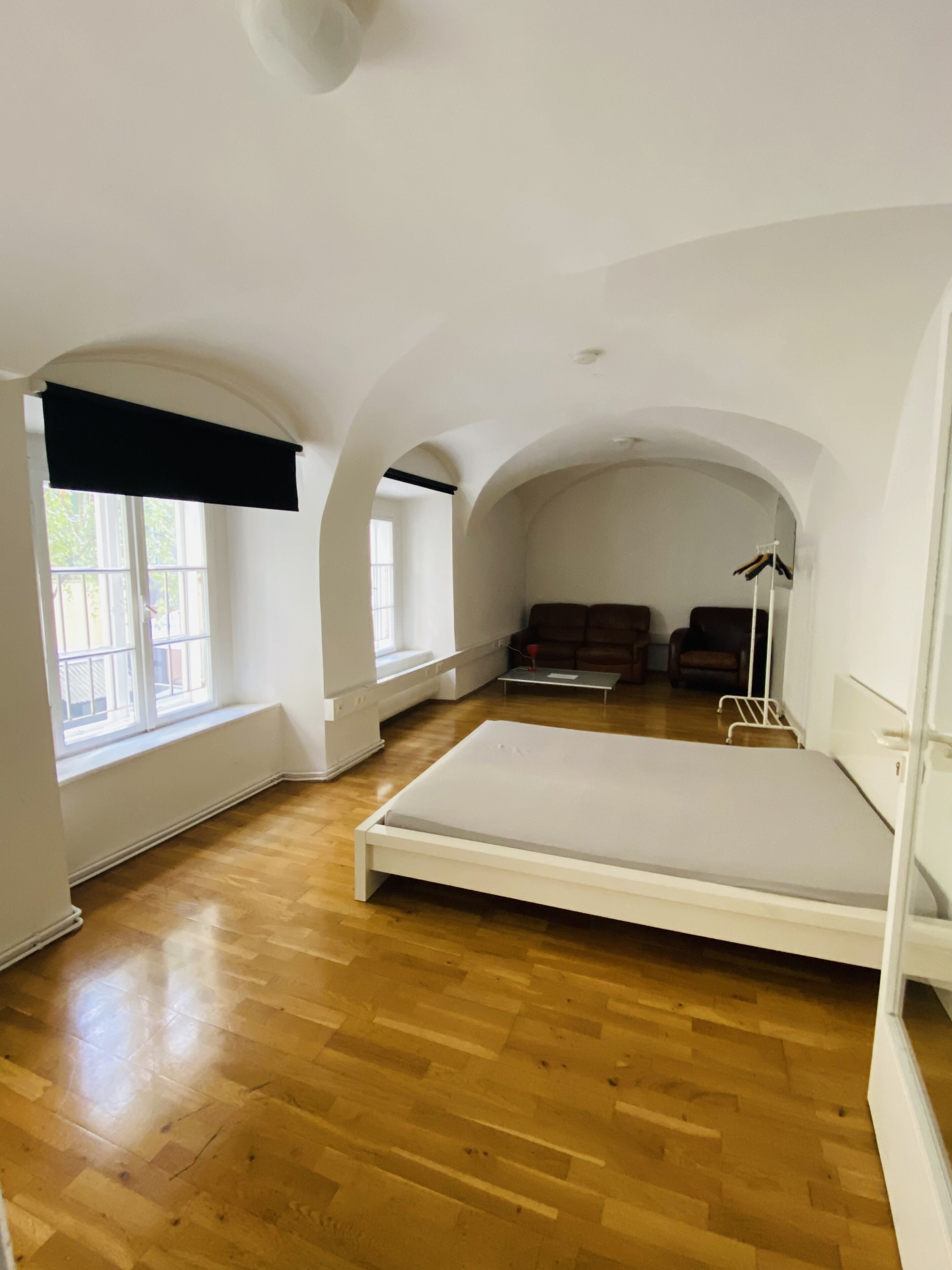 A spacious room with a large bed, wooden flooring, and arched ceilings.