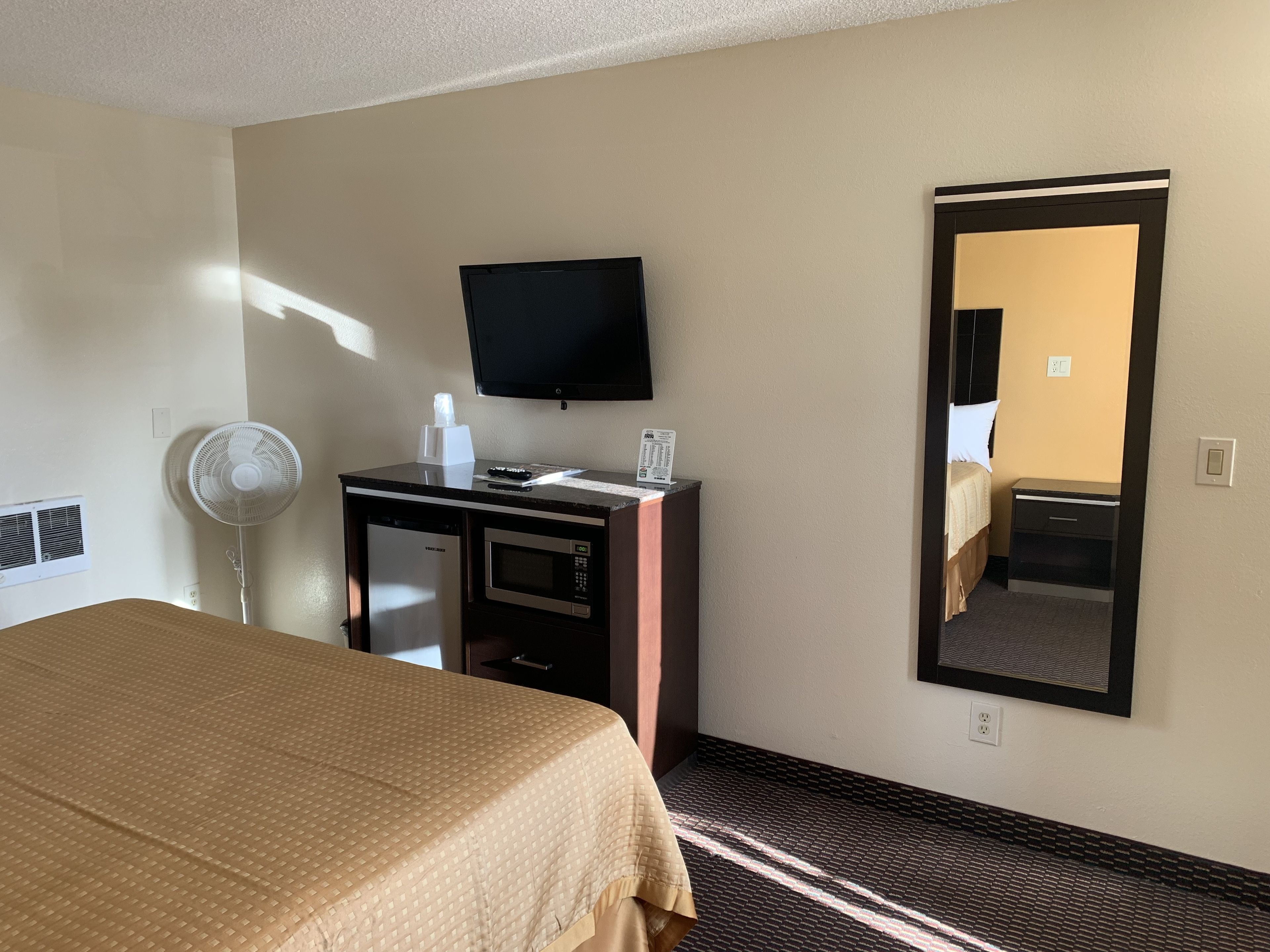 Habitación de hotel con cama, escritorio con televisor de pantalla plana, microondas, ventilador y un espejo grande.