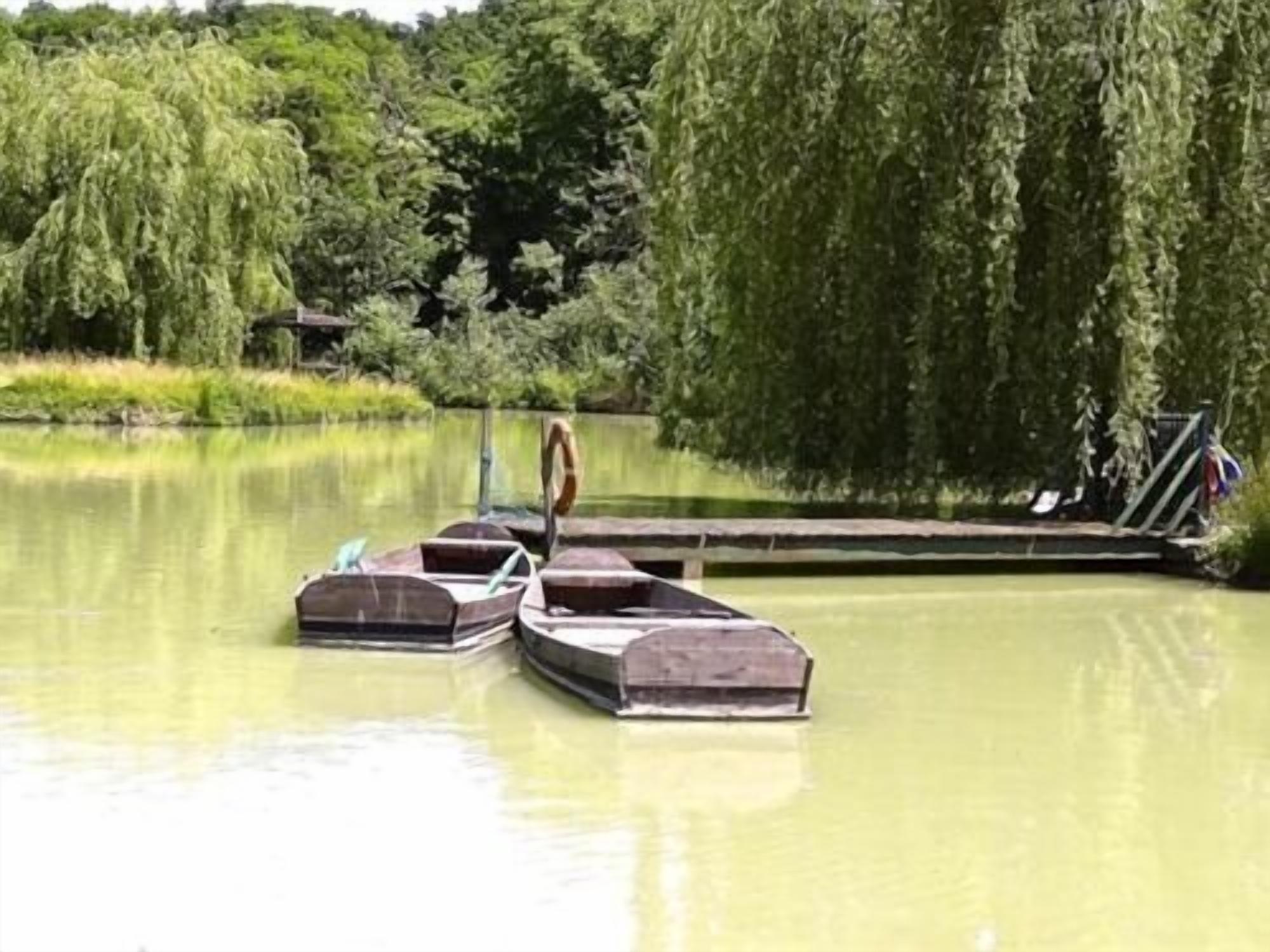 A calm lake with wooden boats docked on the shore, surrounded by lush greenery.