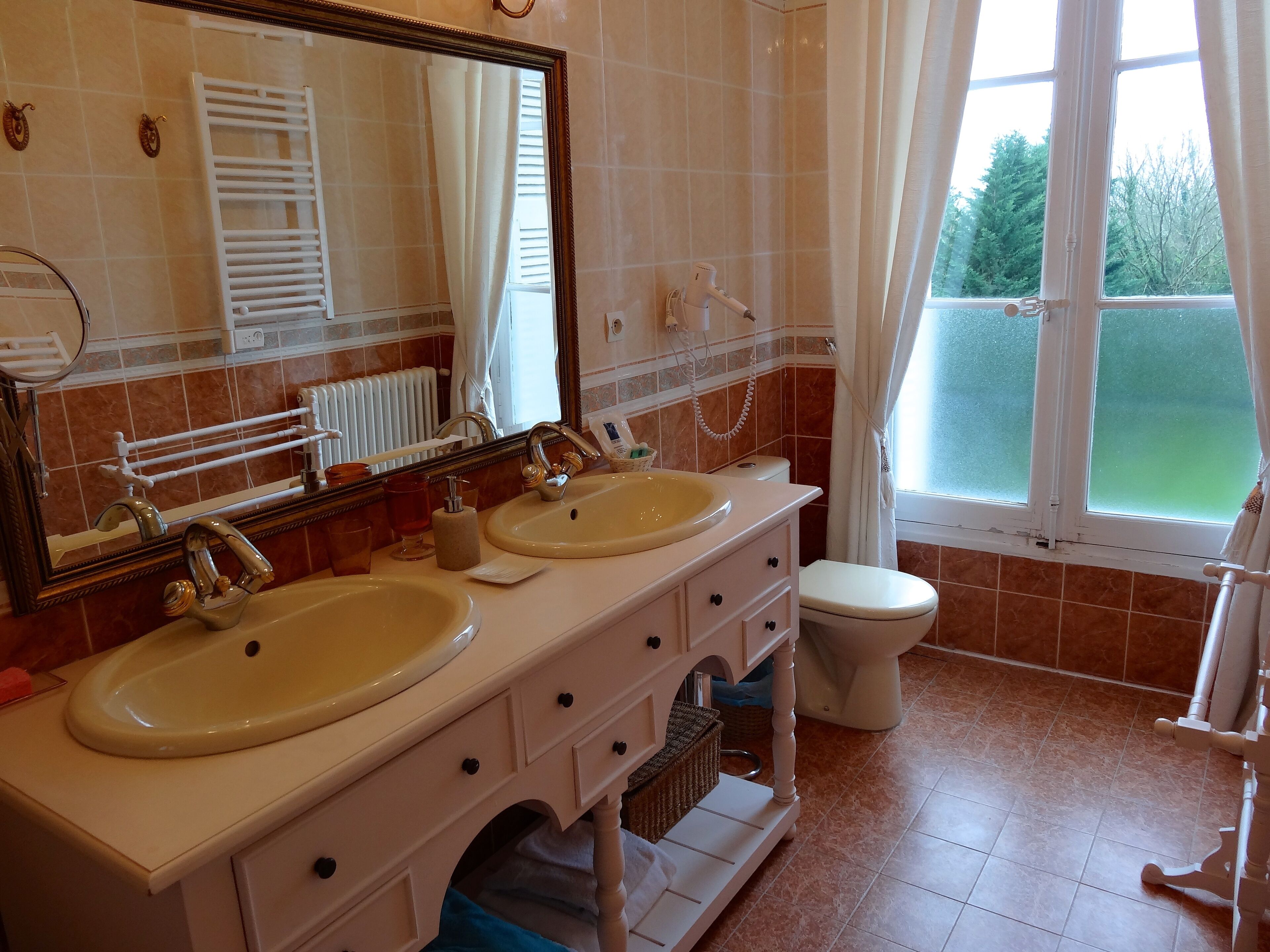A bathroom with two sinks, a toilet, a mirror, and a window with curtains.