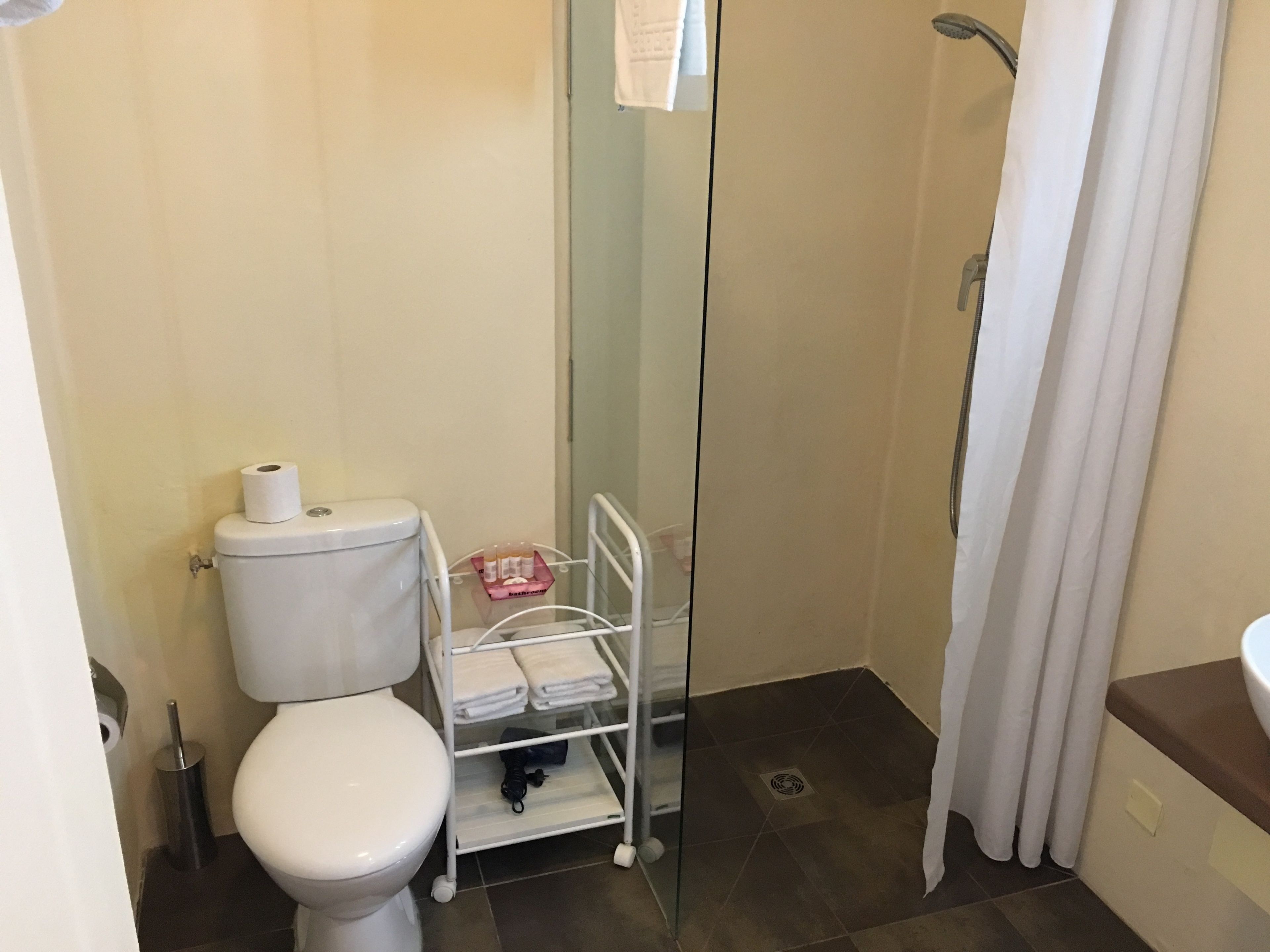 Un bagno con un water, cabina doccia in vetro e porta asciugamani.