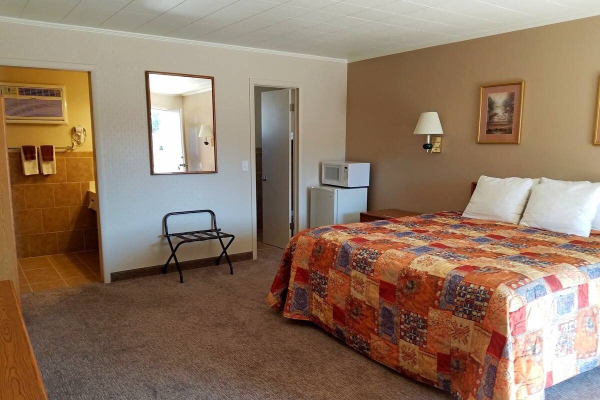 Ein Schlafzimmer mit einem Bett, einem Sessel, einer Mikrowelle, einem Spiegel und einer Tür.