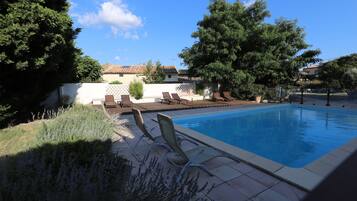 Seasonal outdoor pool, pool umbrellas, pool loungers