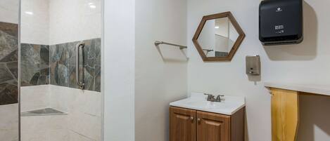 Une salle de bain avec une douche, un lavabo et un miroir.
