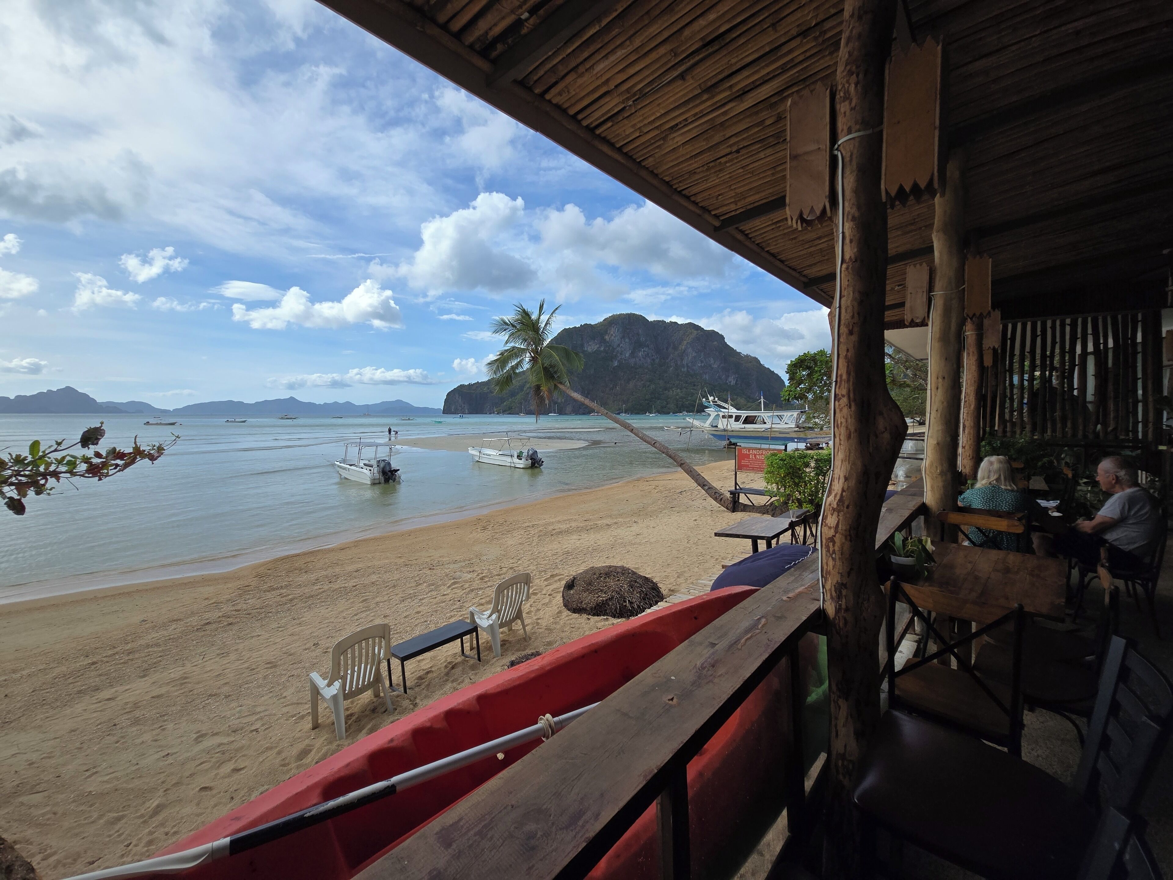 A beachside restaurant with a view of the sea, boats, and a palm tree.