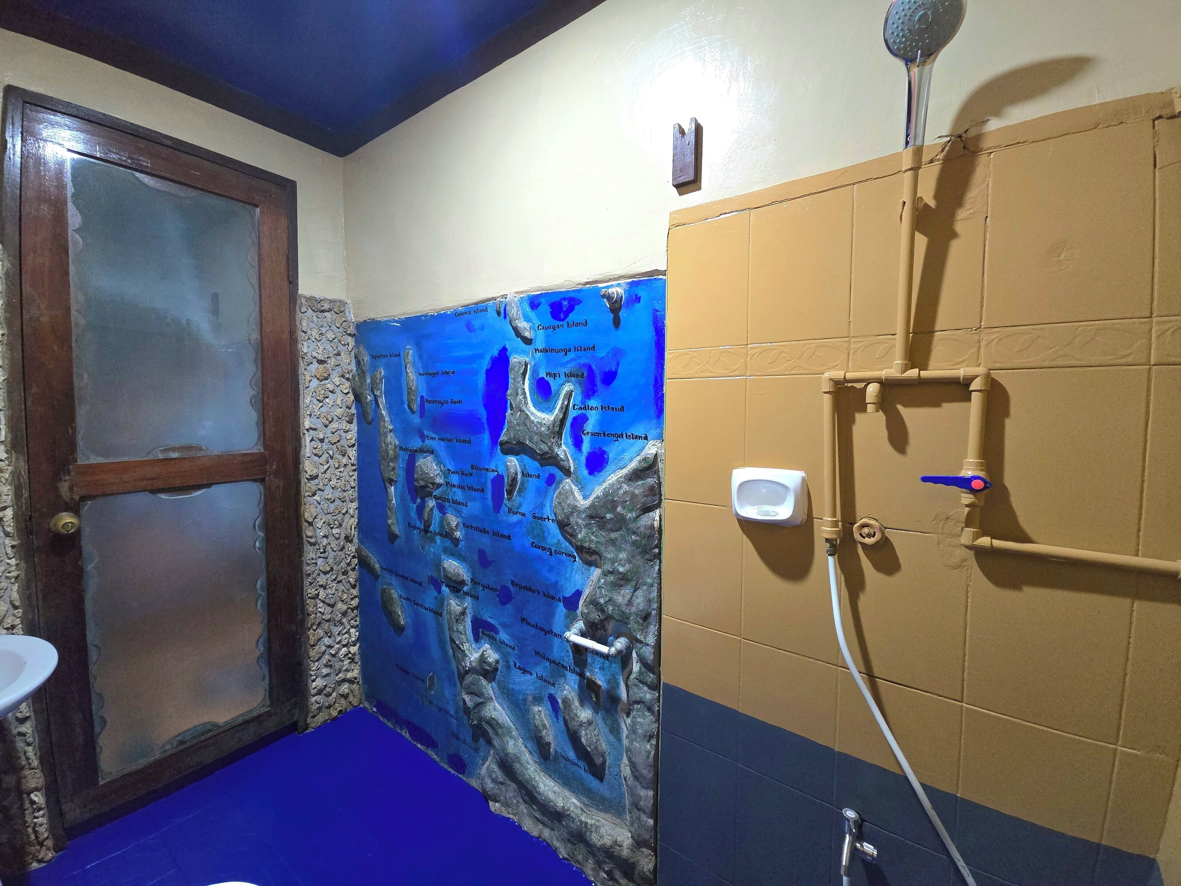 A bathroom with a blue floor, a map mural on the wall, a shower area, and a toilet.