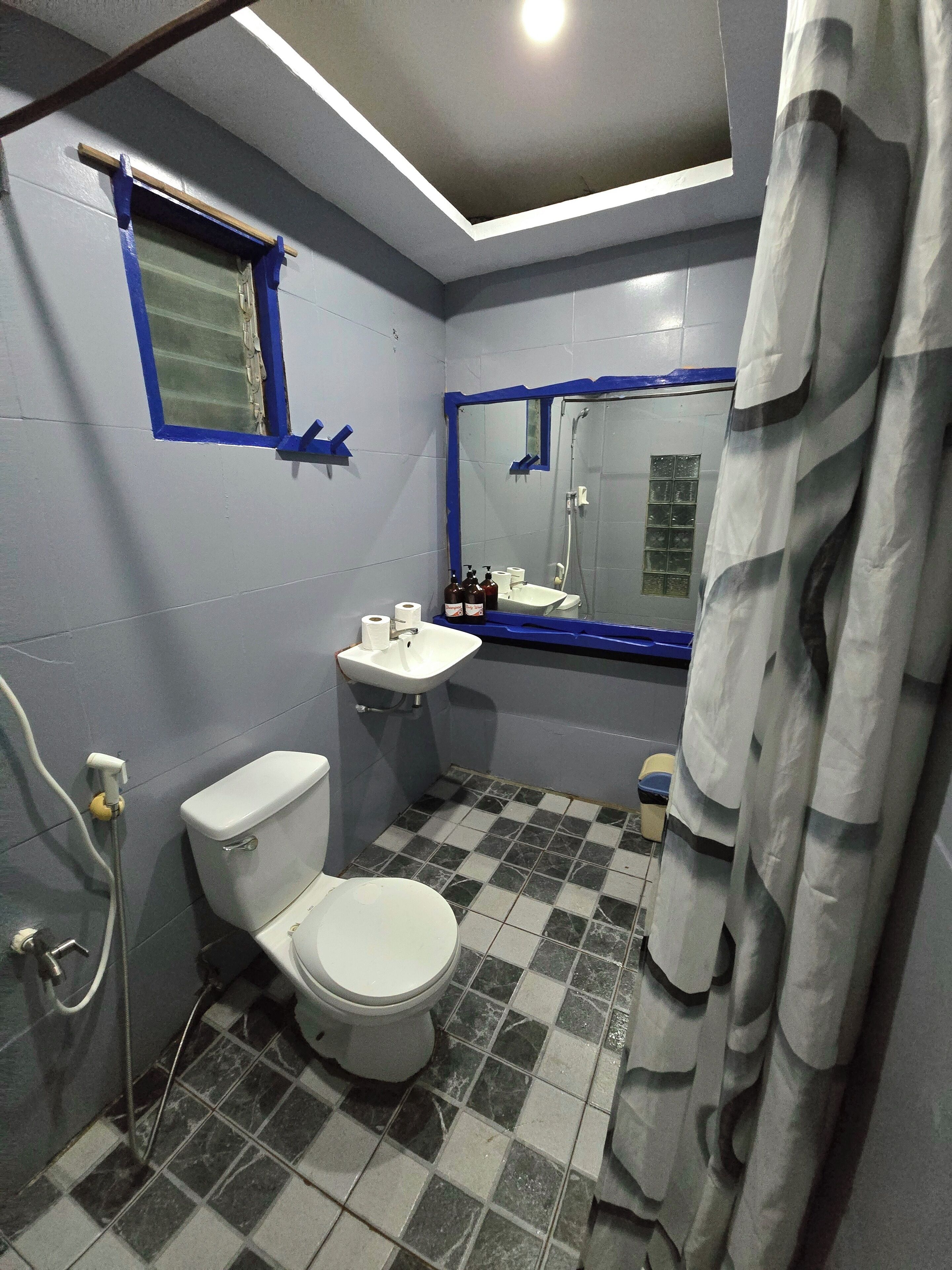Un baño con inodoro, lavabo y ducha.