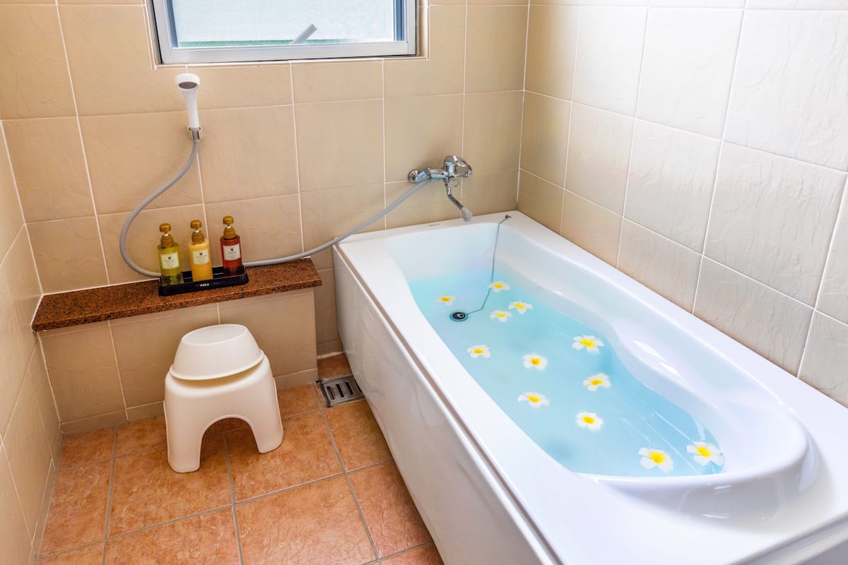 combined shower/bathtub, free toiletries, hair dryer, slippers