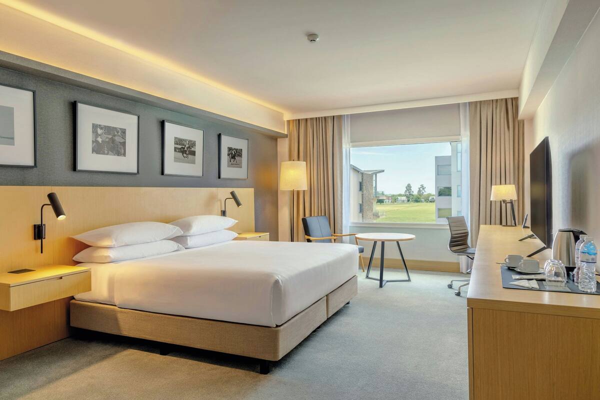 A hotel room with a bed, bedside tables, a desk, a chair, a TV, and a window with a view.