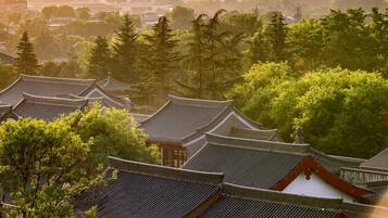Traditional architecture with multiple buildings and a pagoda, surrounded by greenery.