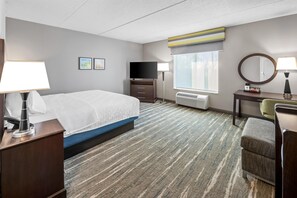 A hotel room with a bed, a desk, a chair, a TV, a heater, and a window with a view. - Hampton Inn & Suites Camp Springs/Andrews AFB (Suitland)