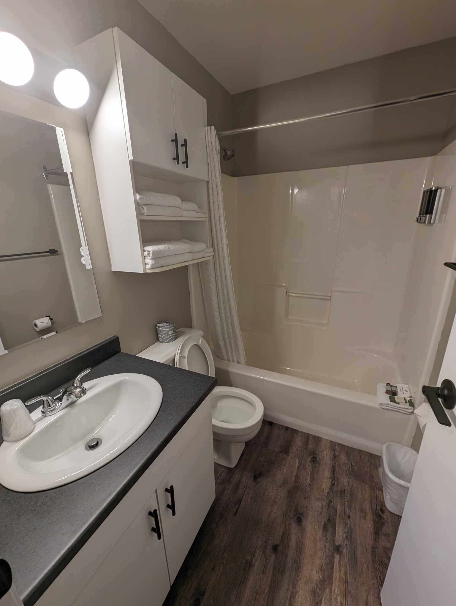 suite, 1 queen bed, kitchen (pet friendly) | bathroom | combined shower/bathtub, free toiletries, hair dryer, towels