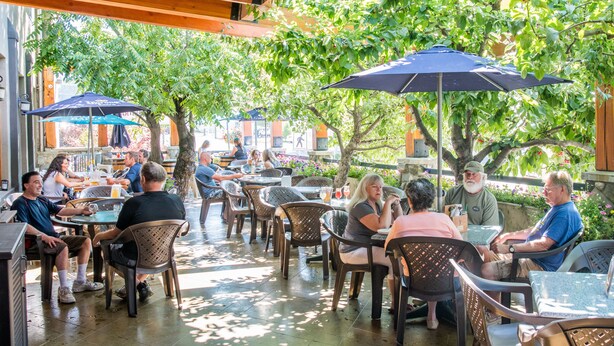 An outdoor cafe with tables and chairs under wooden beams, surrounded by trees and greenery.