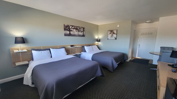 A hotel room with two beds, a desk, and a chair. - Lord Nelson Motel (Kingston)