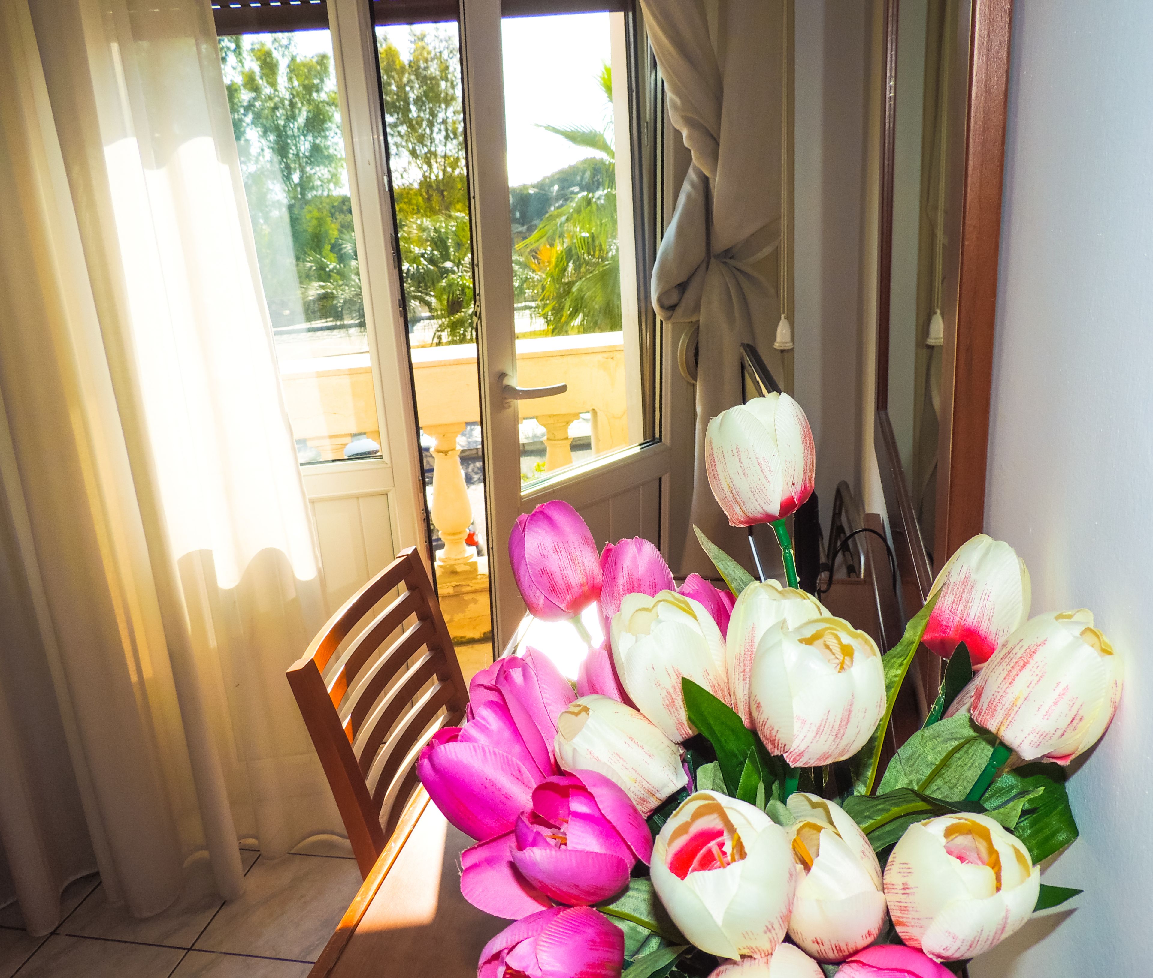 A room with a wooden chair, a window with curtains, and a vase of tulips.