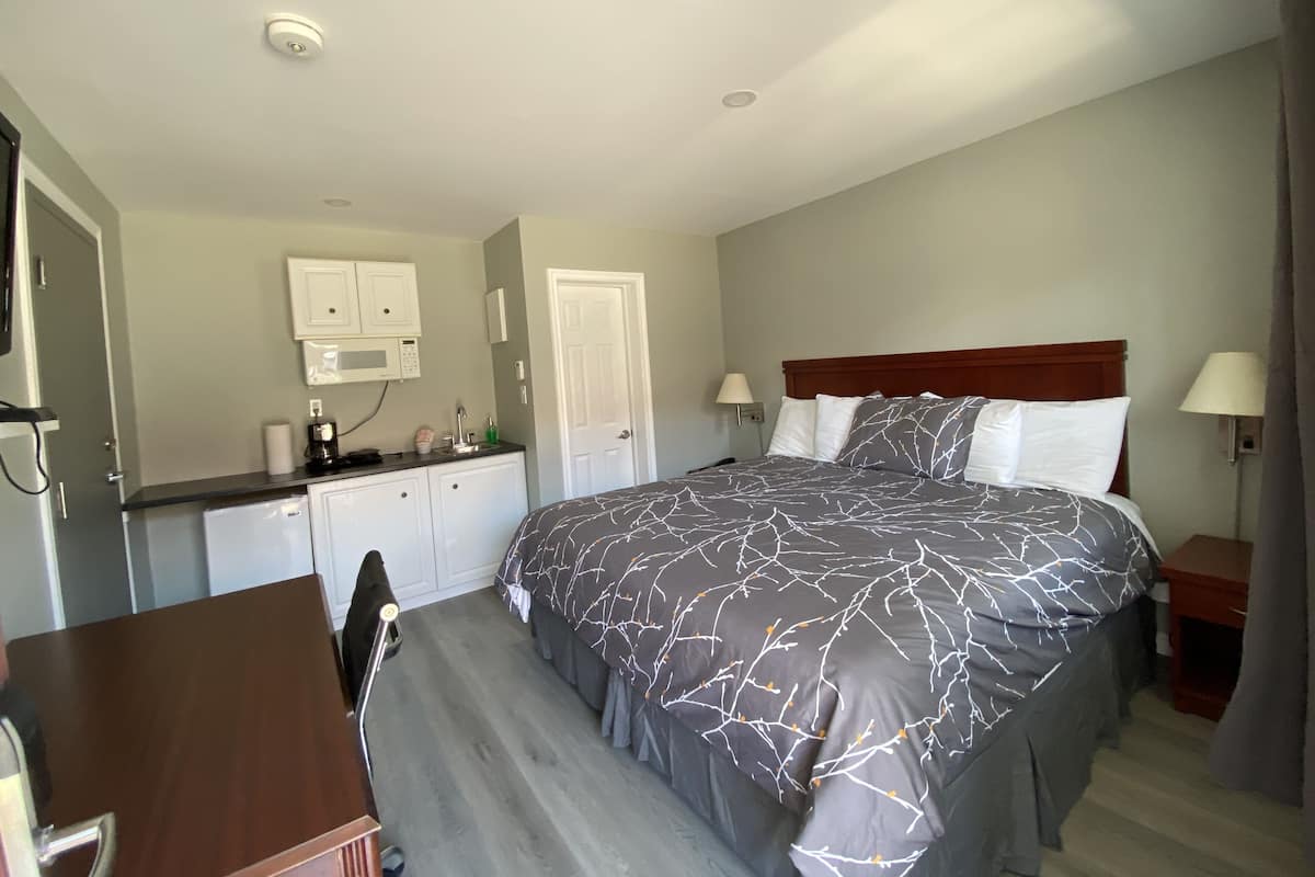 A hotel room with a bed, a desk, a kitchenette, and a bathroom.