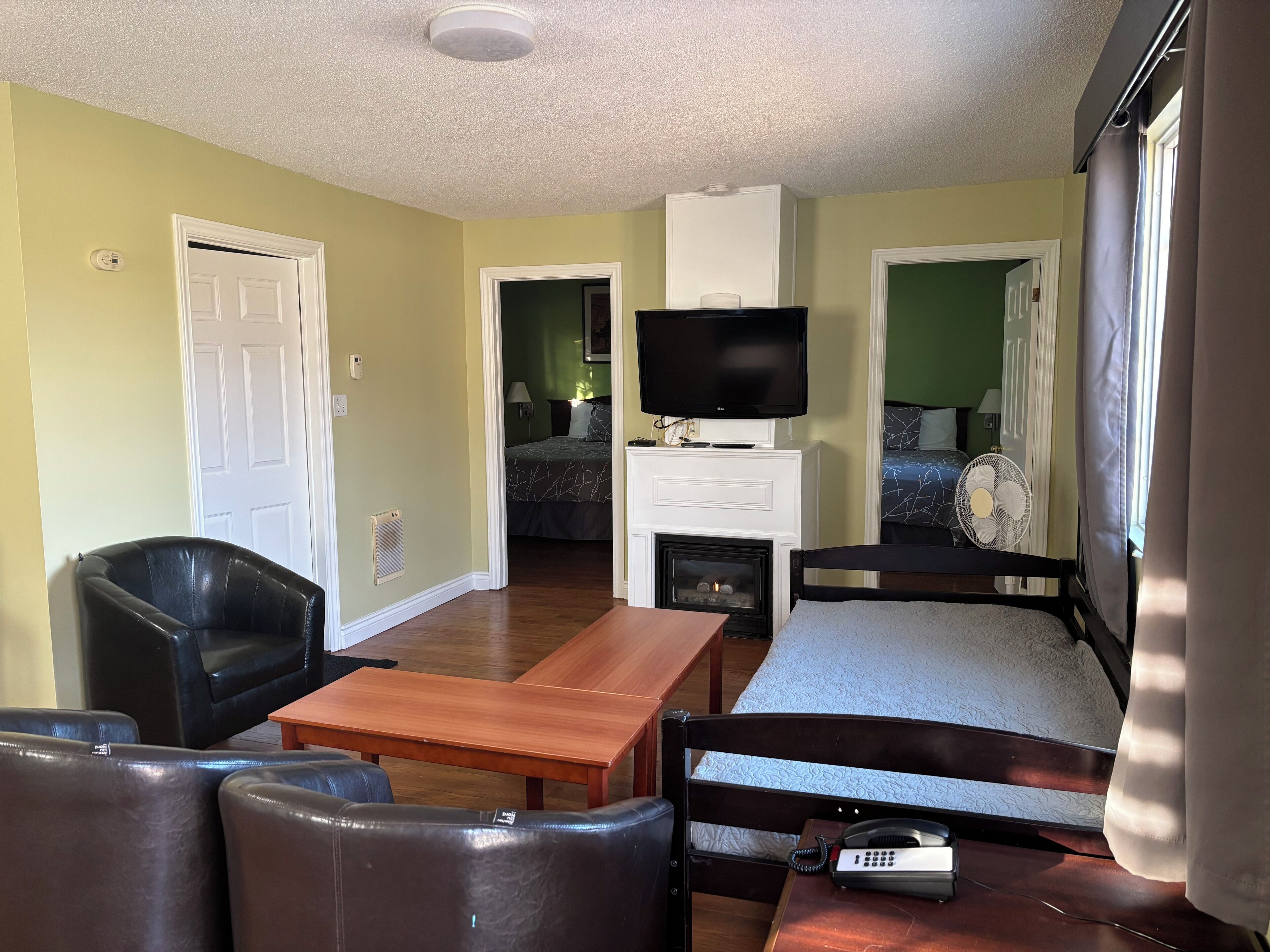A room with a bed, a TV, a fireplace, a desk, and a chair.