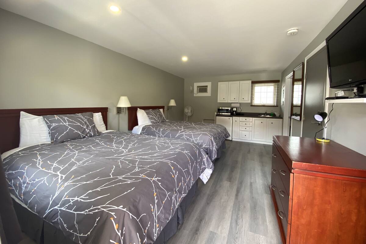 A bedroom with two beds, a wooden dresser, a kitchenette, and a TV.