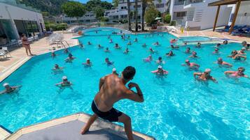 Outdoor pool, pool umbrellas, pool loungers