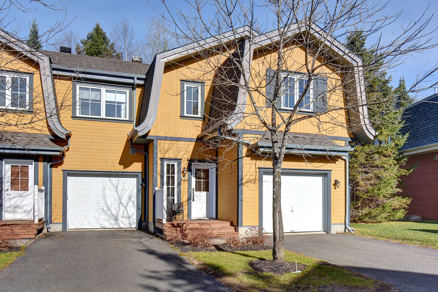 Une maison à deux étages avec un garage, un petit porche et un arbre devant.