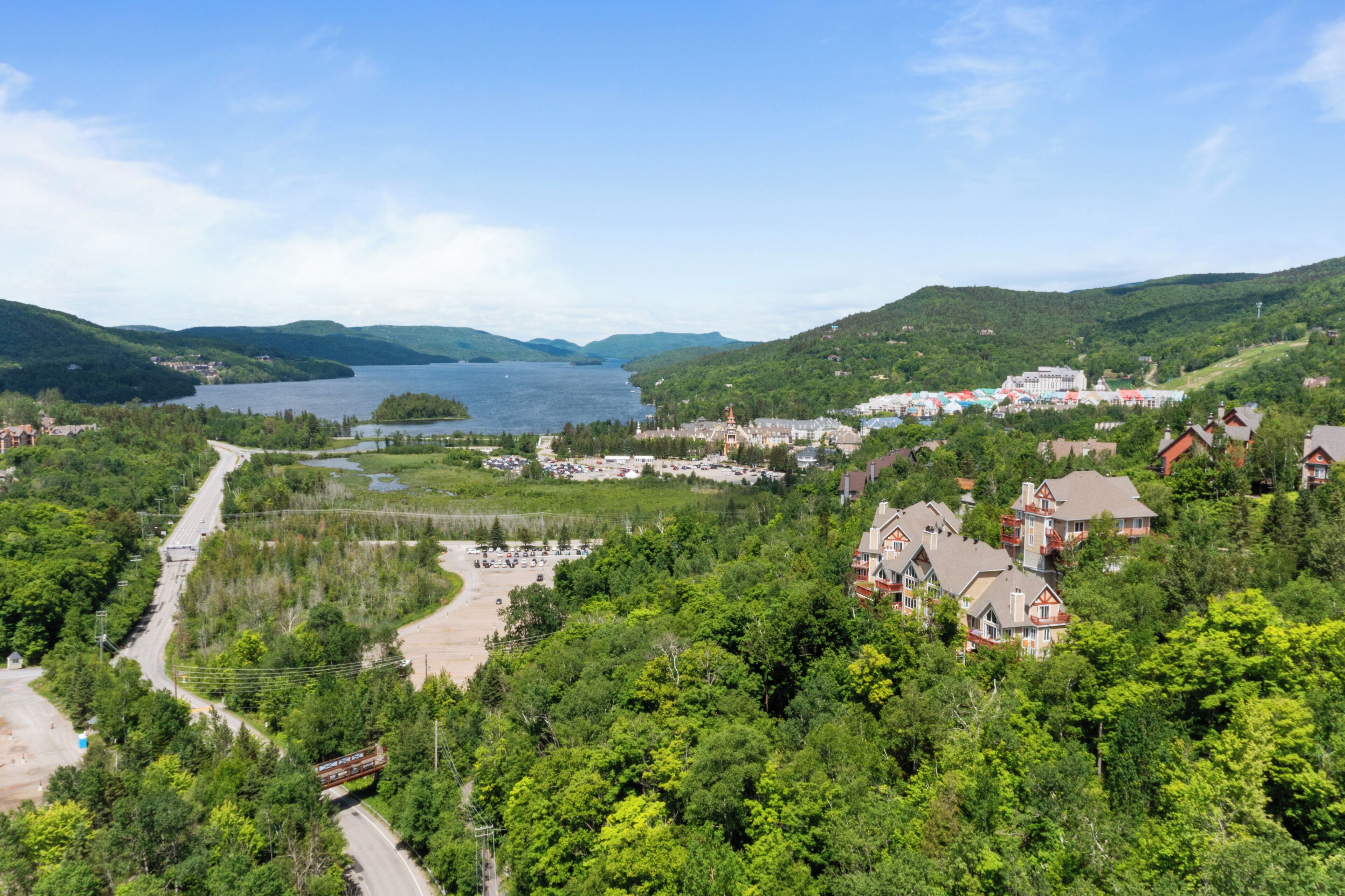A lakeside town with a prominent building, a road, and surrounding greenery.