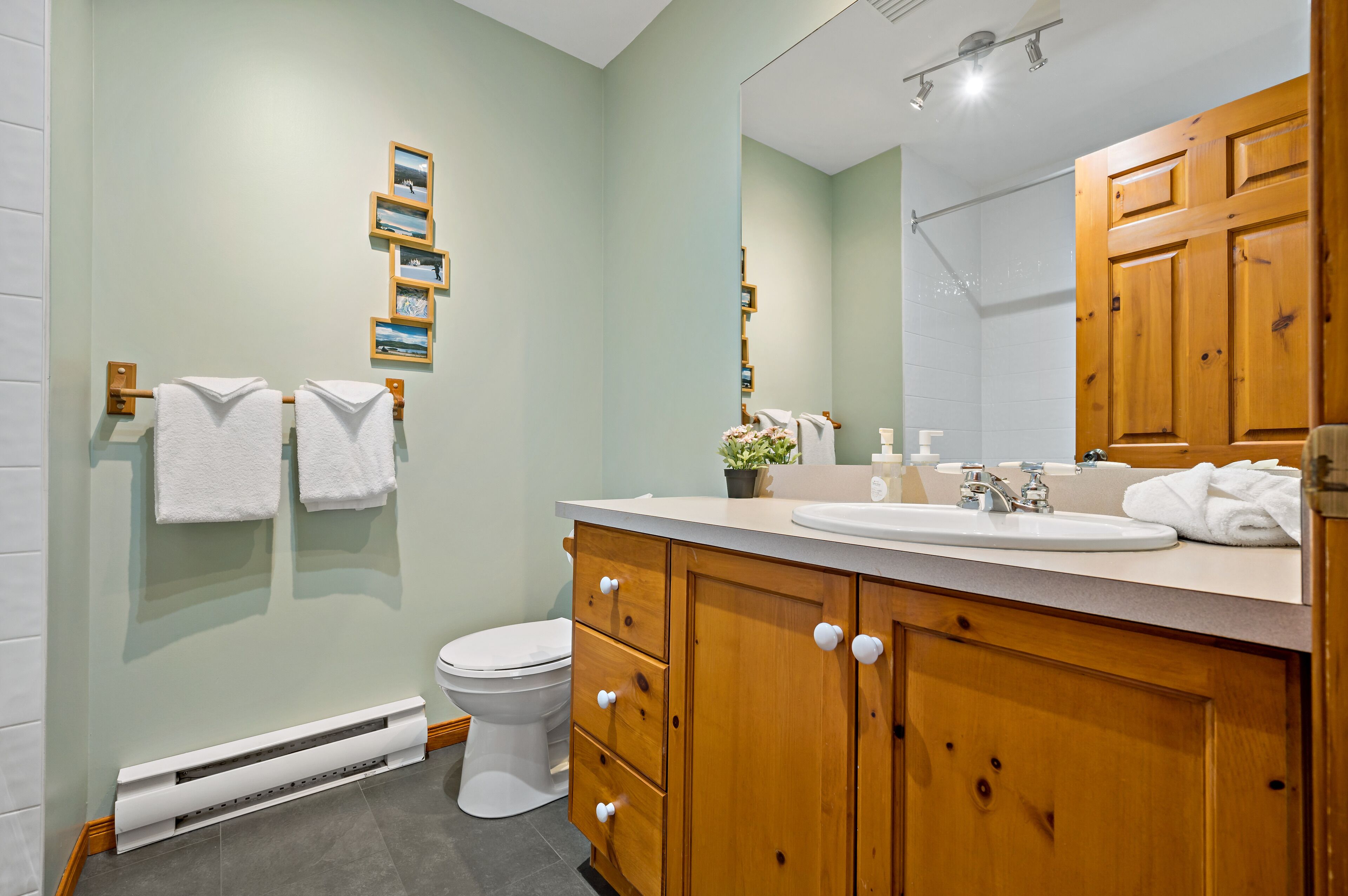 A bathroom with a toilet, a sink, wooden cabinets, a mirror, and towels on a rack.