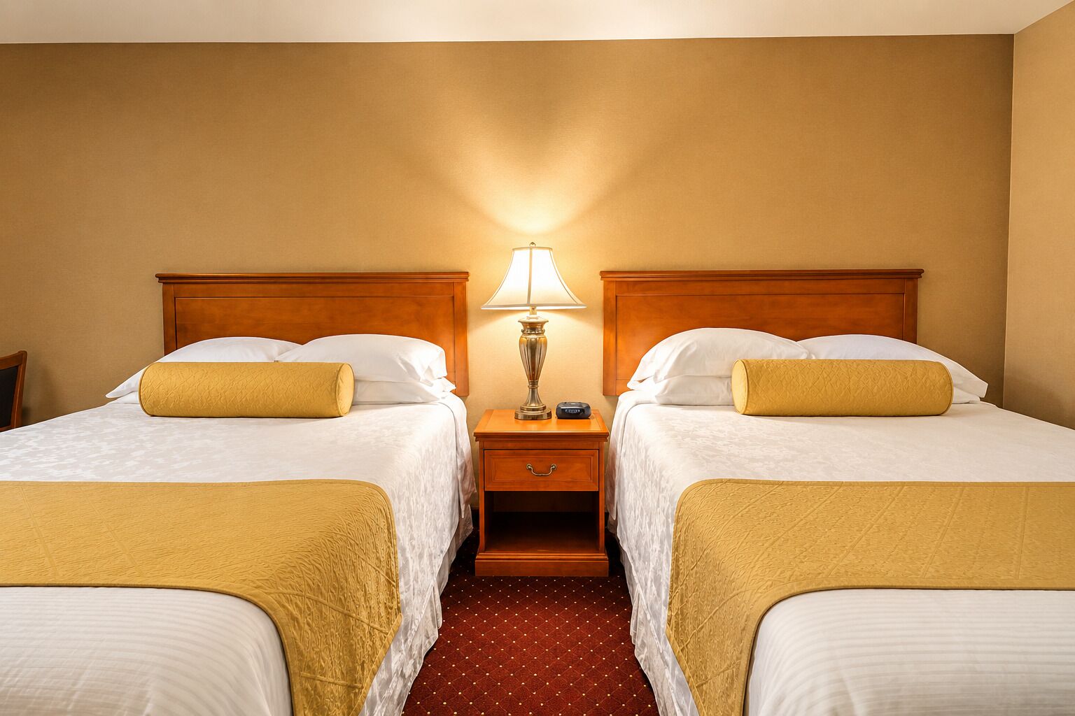 A hotel room with two beds, a nightstand with a lamp, and a red polka dot carpet.
