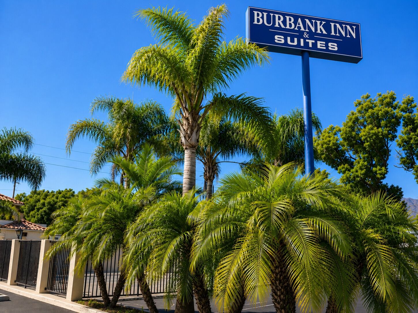 Skilt for Burbank Inn & Suites med palmer i forgrunden.
