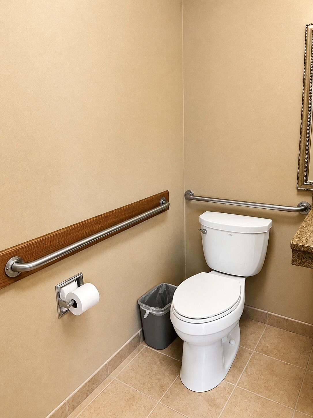 Et standardbadeværelse med toilet, gelænder, skraldespand og toiletpapirholder.