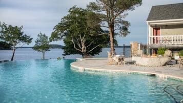 Seasonal outdoor pool, pool umbrellas, pool loungers