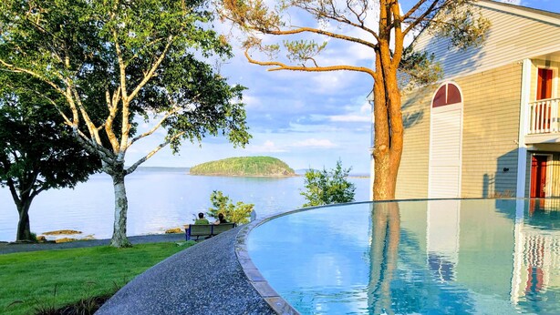 Una piscina con borde de cristal, zona verde, árboles y vistas a una masa de agua con una isla.