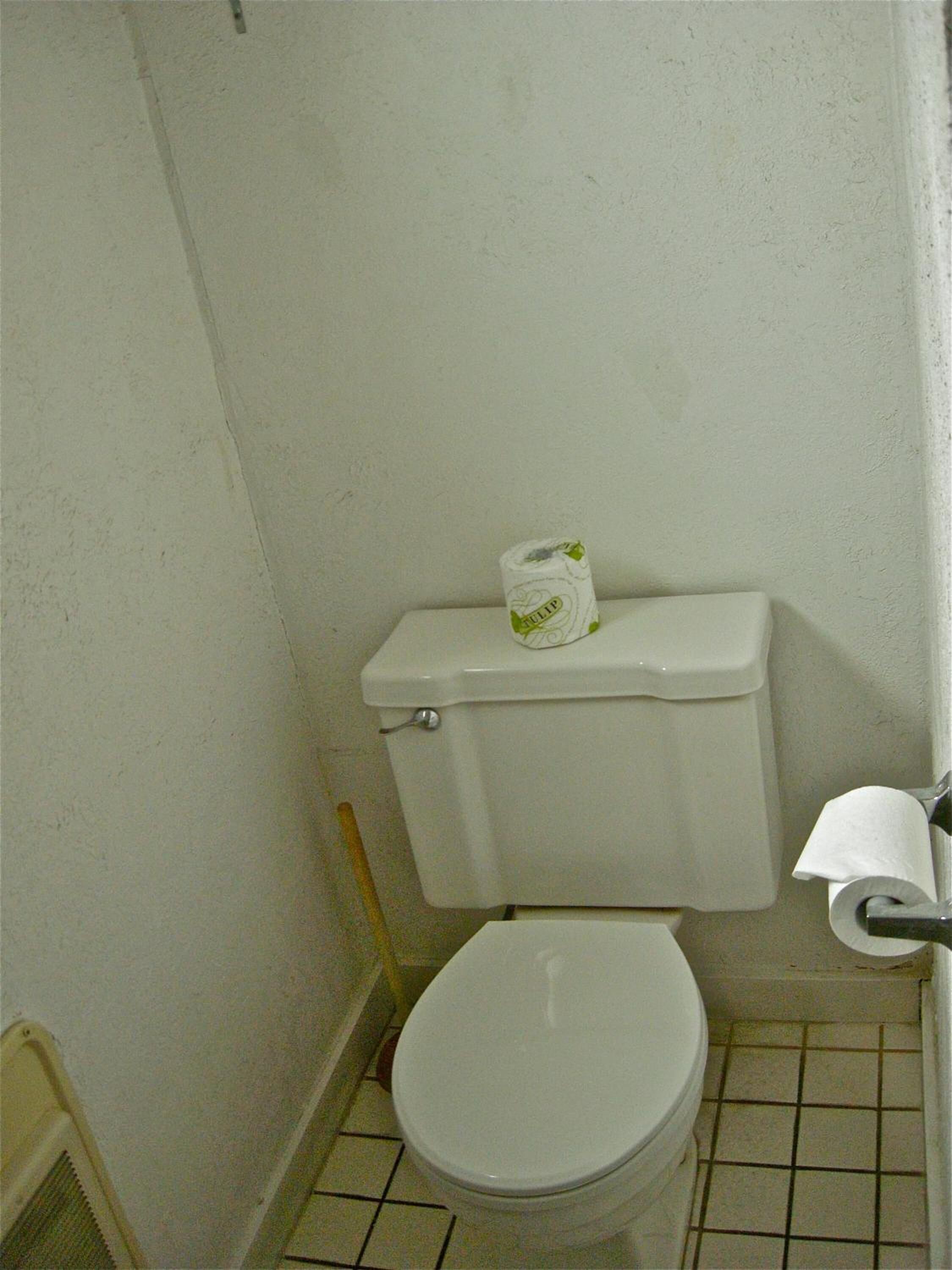 Ein kleines, schlichtes Badezimmer mit Toilette, Papierhalter und einer Toilettenpapierrolle.